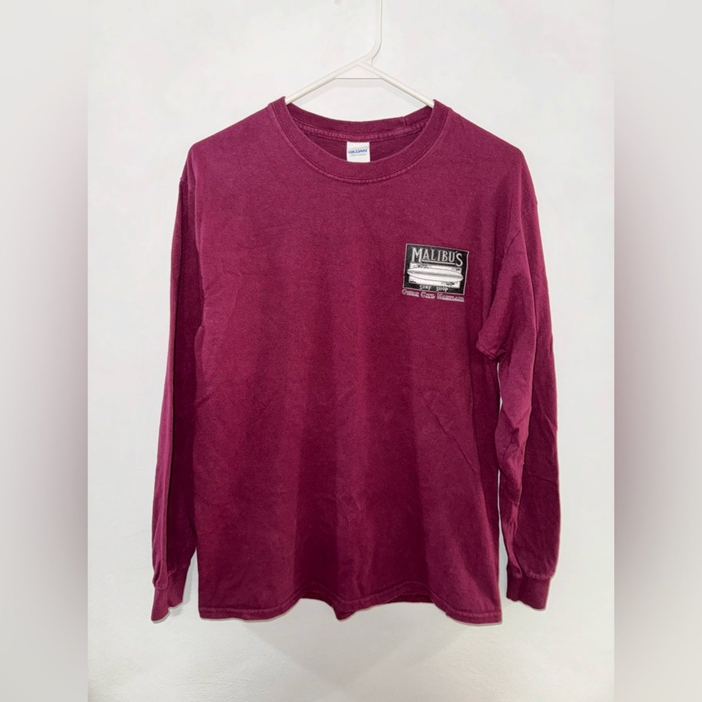 MD Unisex Malibu’s Surf Shop Maroon Surfboard Graphic Long Sleeve Shirt