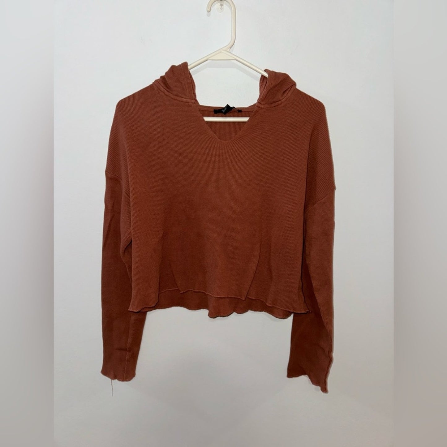 Pre-Owned LG Forever 21 Brown Waffle Knit Cropped Hooded Shirt