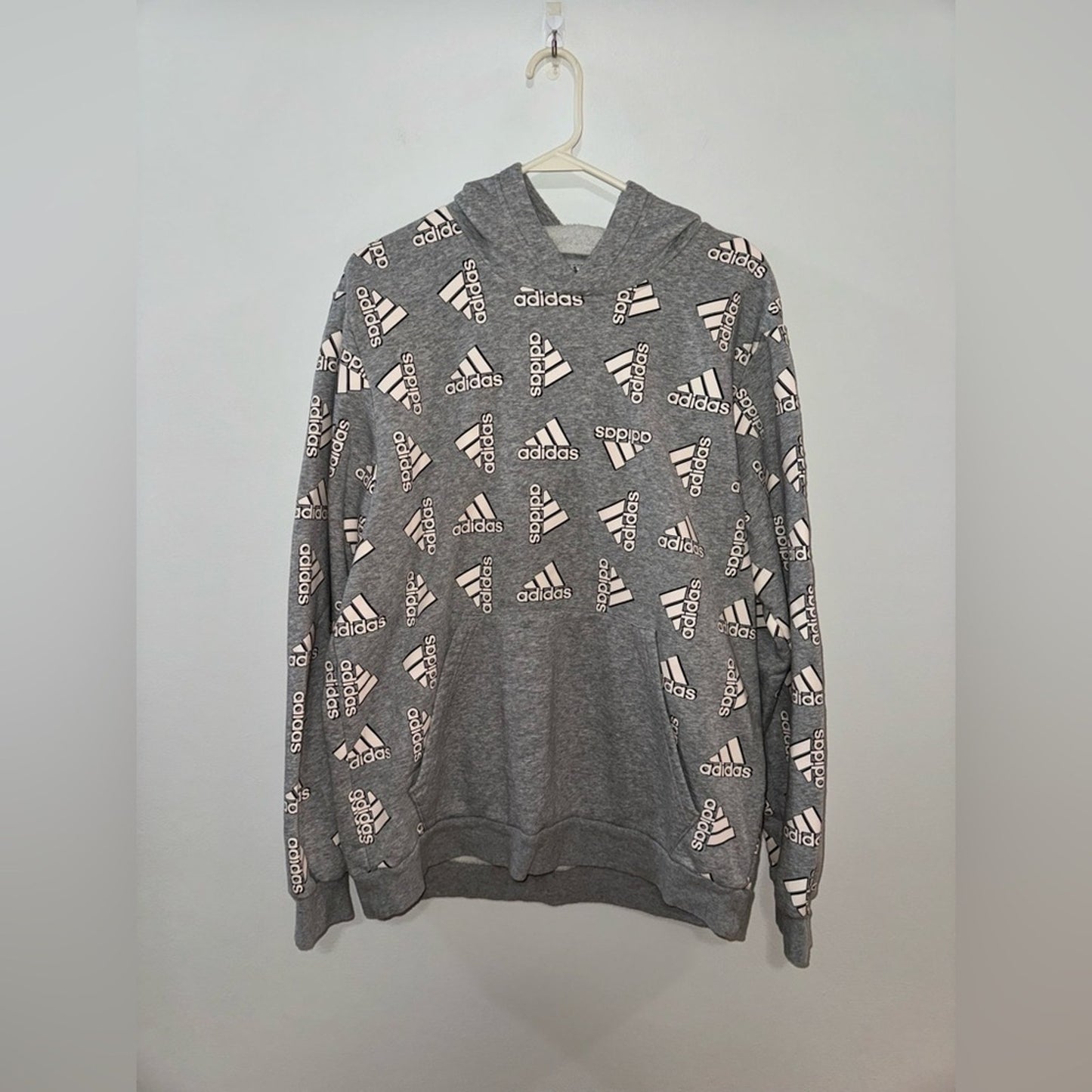 Pre-Owned LG Adidas Heather Grey With White Allover Logo Graphic Pullover Hoodie