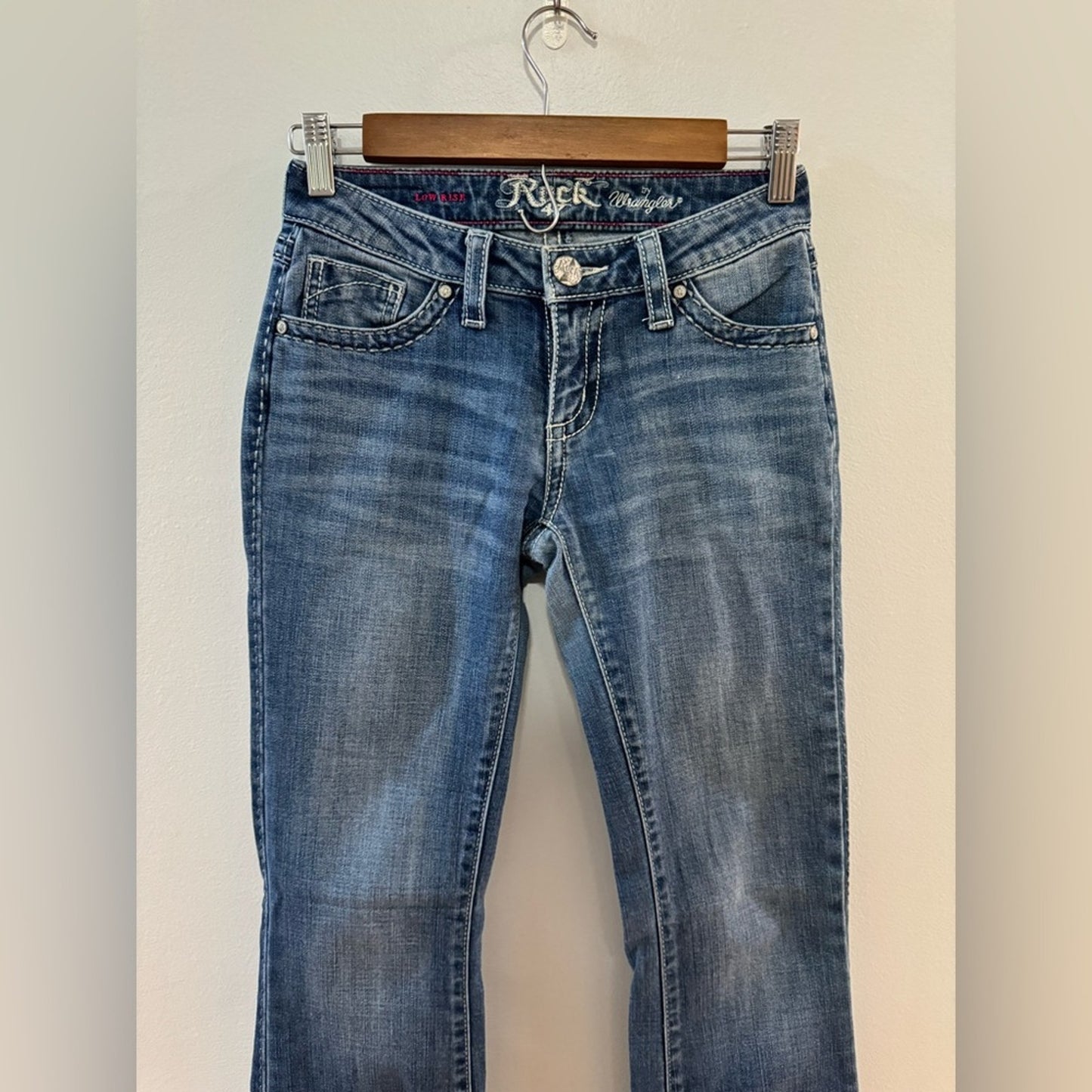 W24xL32 Rock 47 by Wrangler Blue Low Rise Rhinestone Embellished Boot Cut Jeans