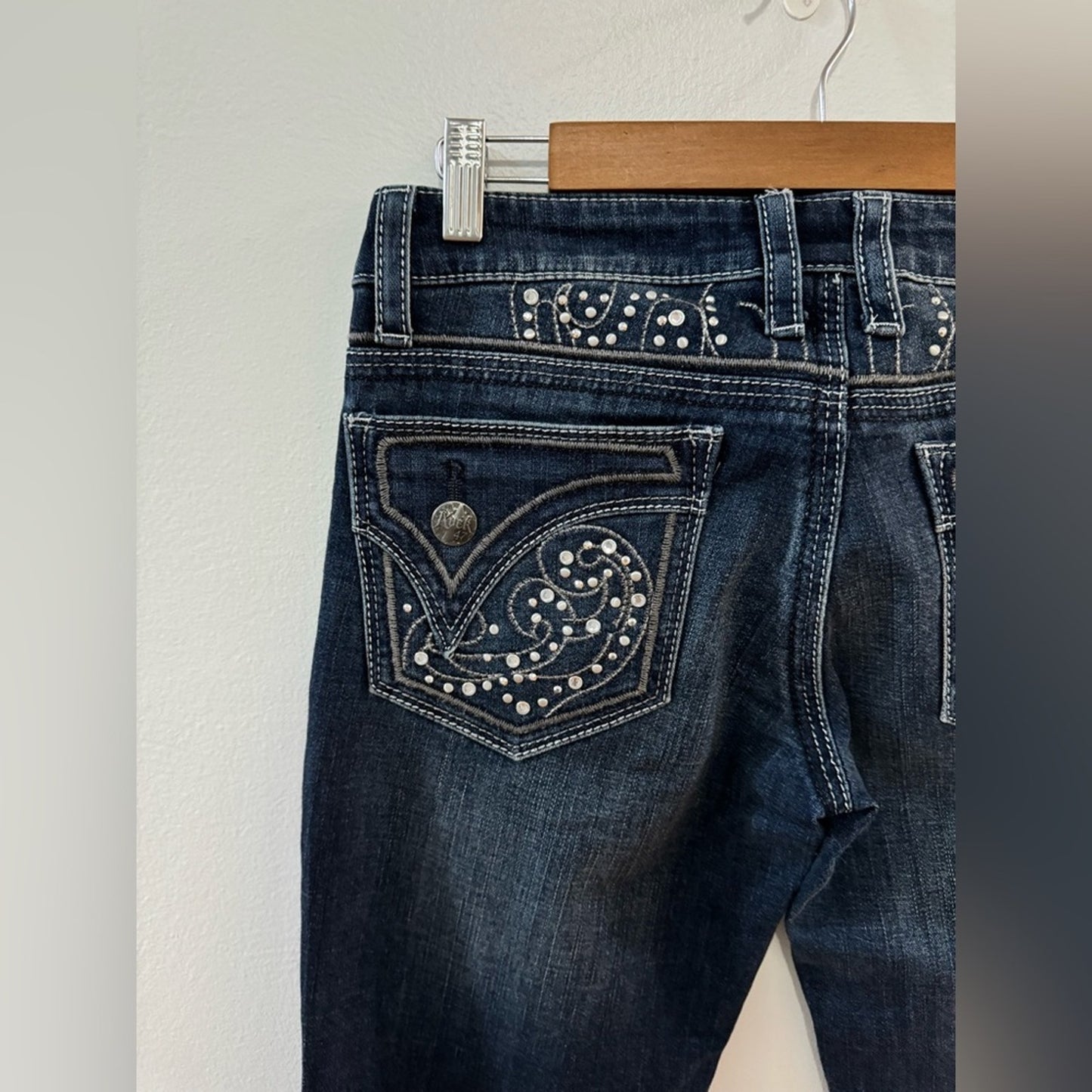 W26xL34 Rock 47 by Wrangler Ultra High Rise Distressed Rhinestone Bootcut Jeans