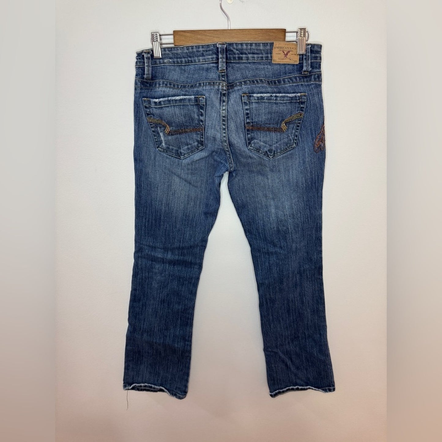Size 6 Regular American Eagle Blue Distressed Embellished Stretch Boot Jeans
