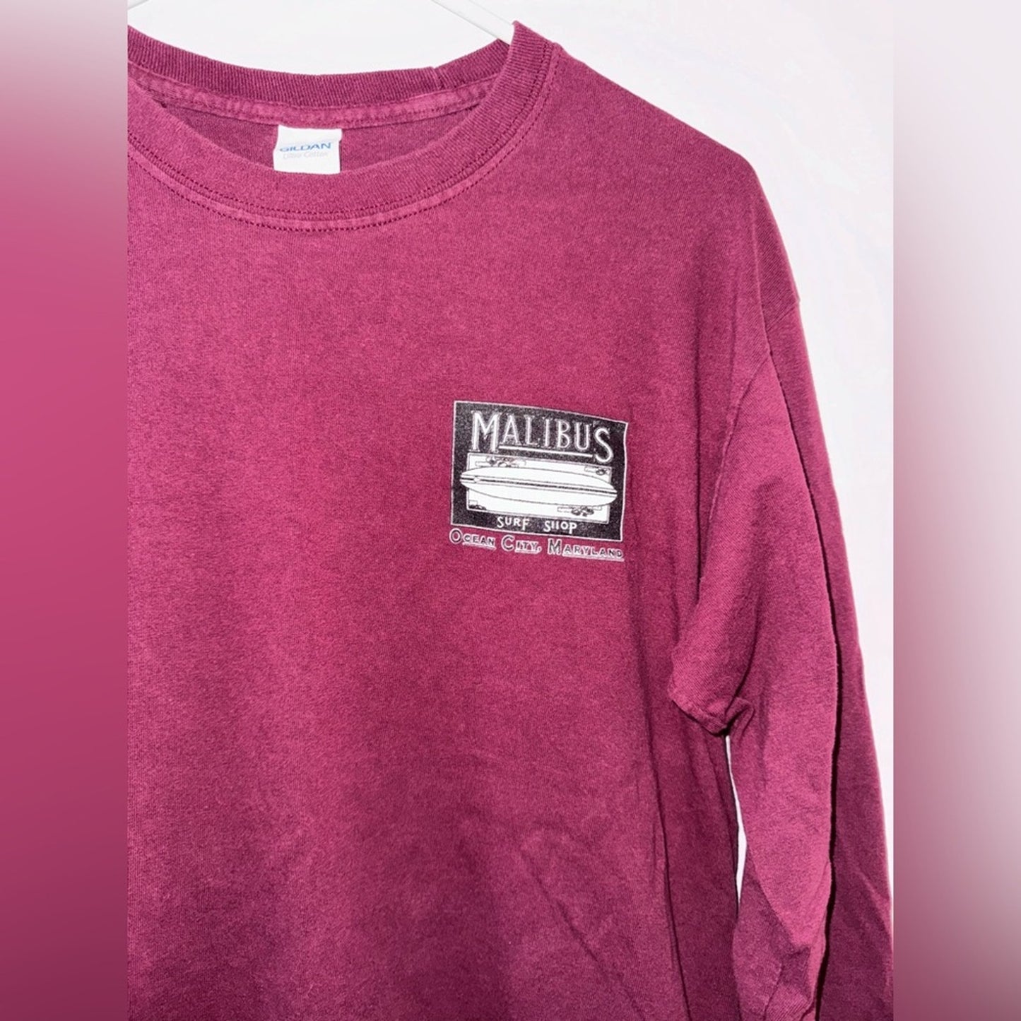 MD Unisex Malibu’s Surf Shop Maroon Surfboard Graphic Long Sleeve Shirt