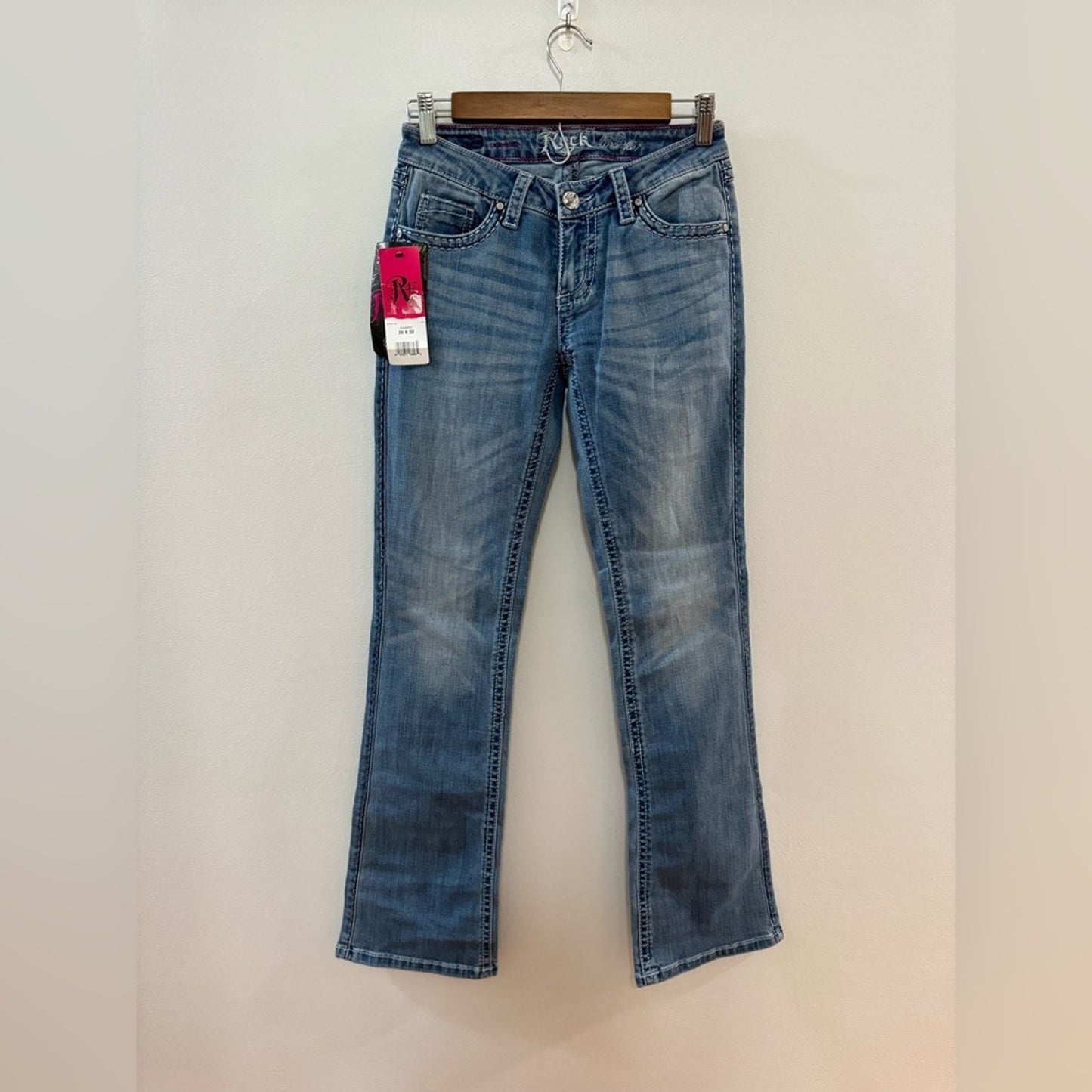 NWT W25xL32 Rock 47 by Wrangler Light Blue Low Rise Embellished Boot Cut Jeans