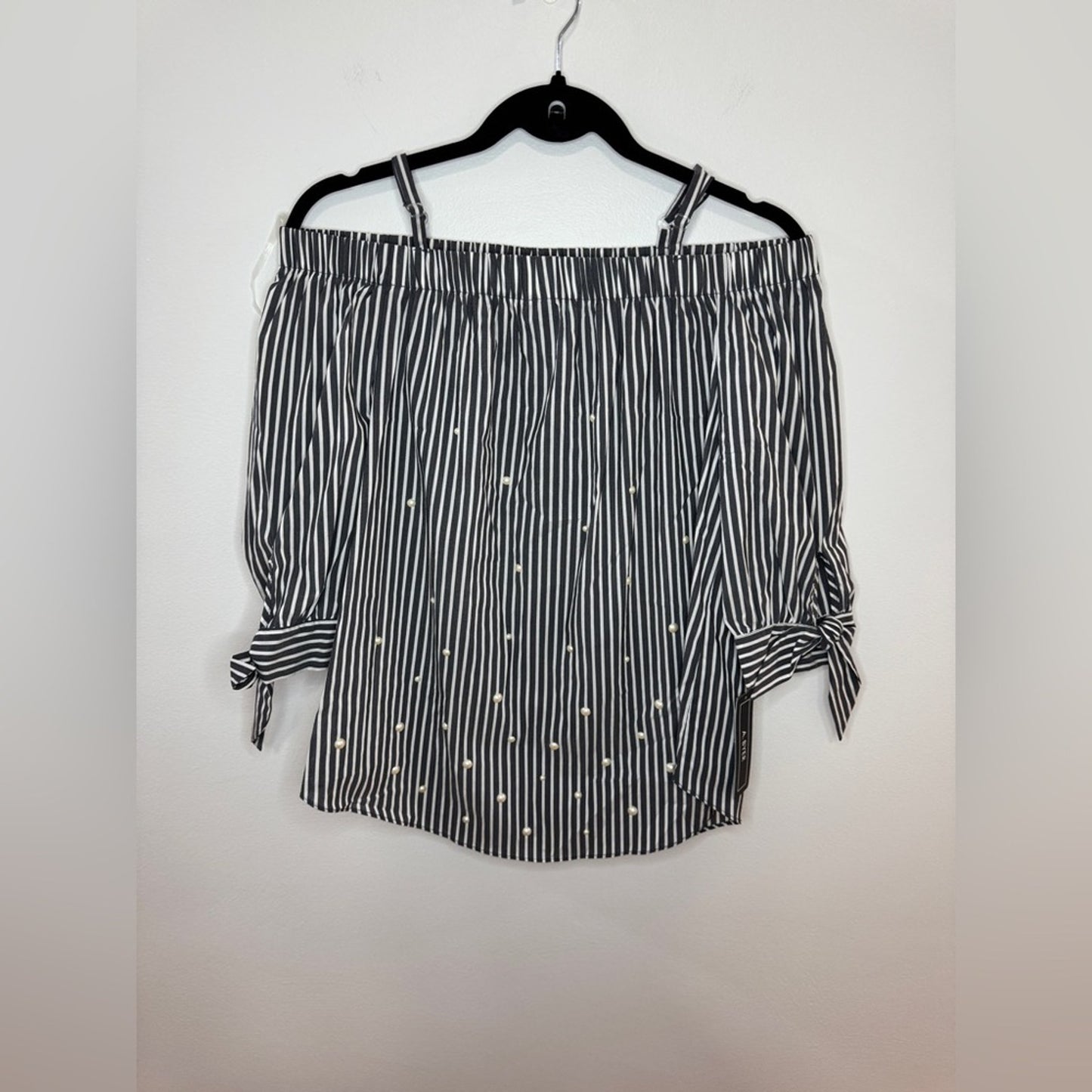NWT MD A. Byers Navy Blue and White Off the Shoulder Pearl top.