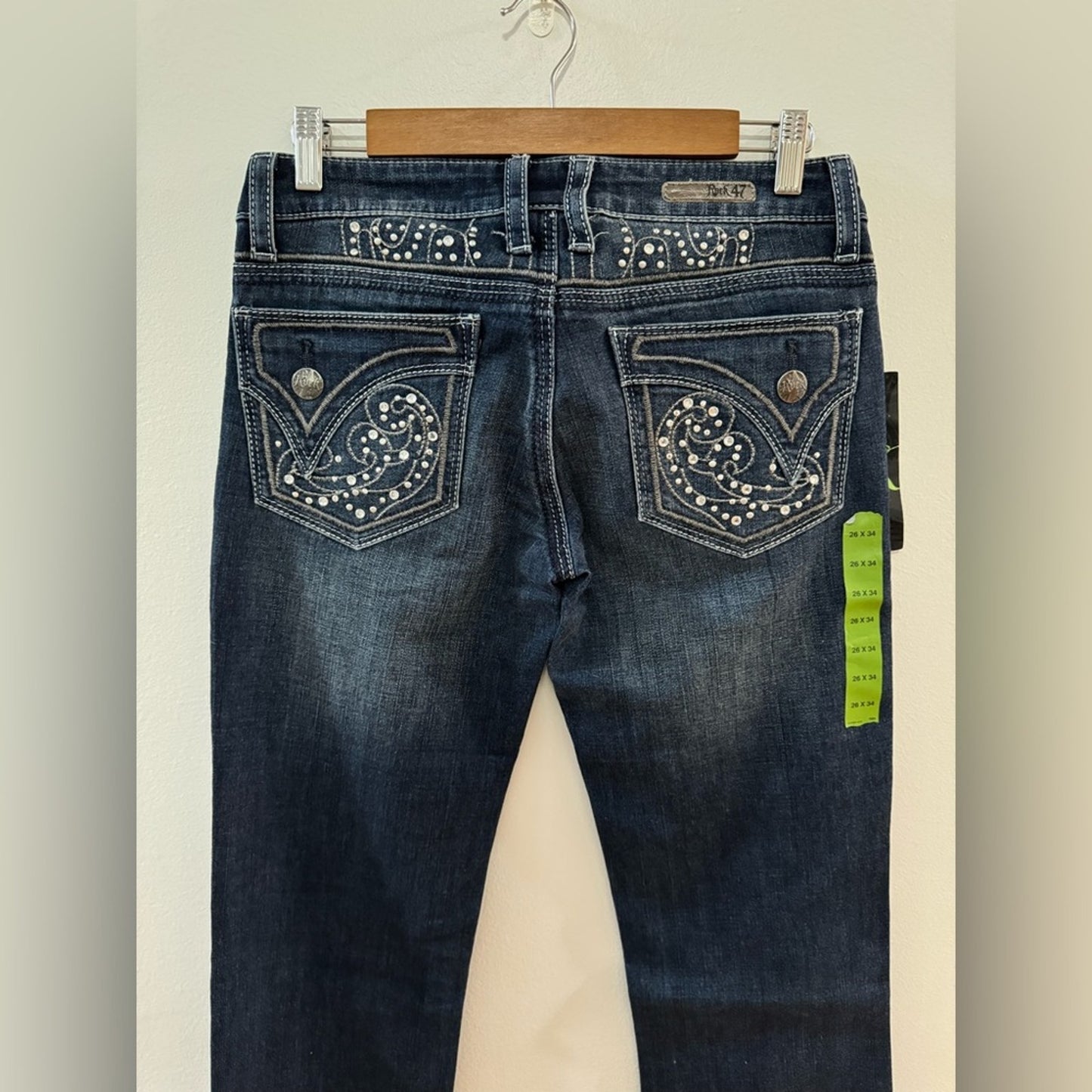 W26xL34 Rock 47 by Wrangler Ultra High Rise Distressed Rhinestone Bootcut Jeans