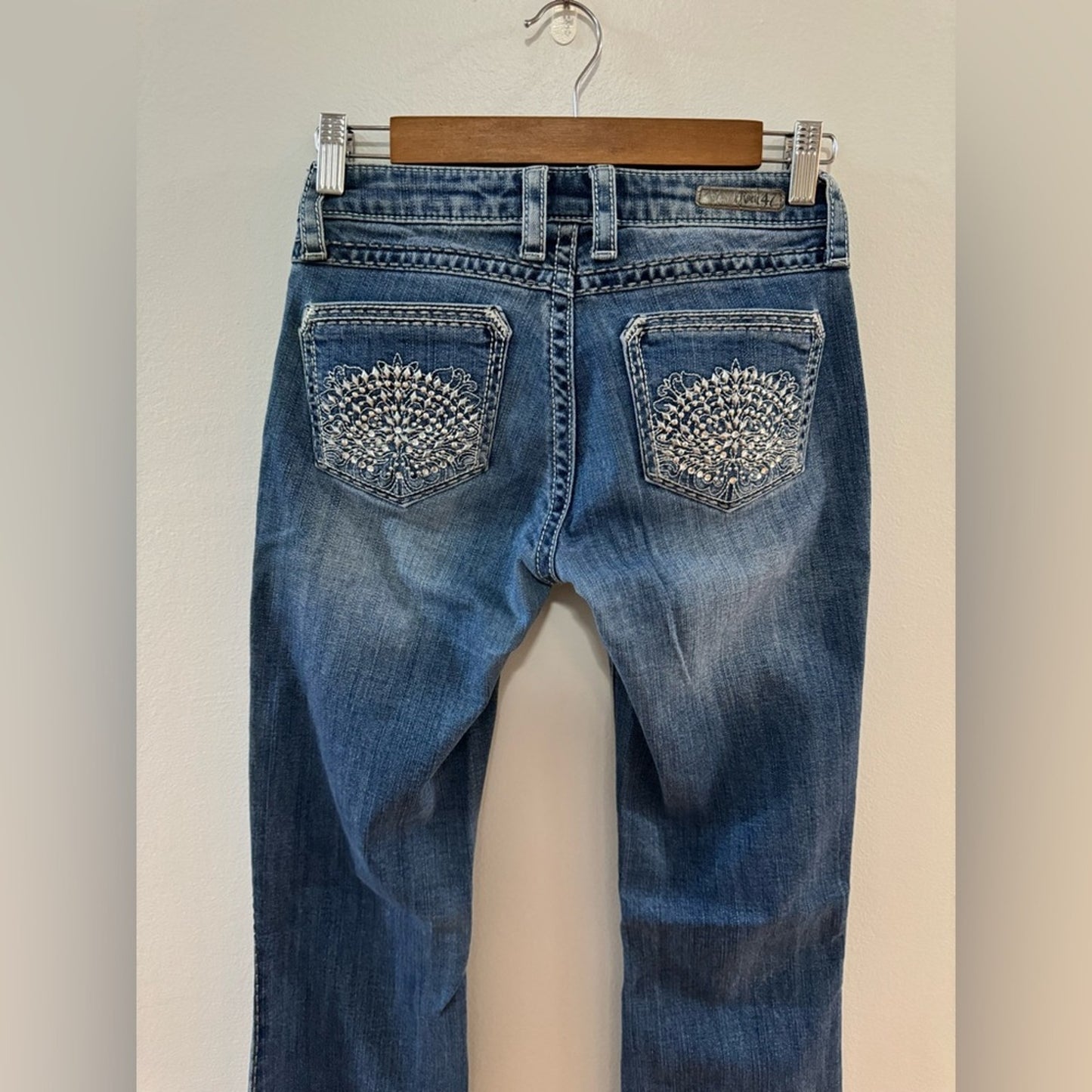 W24xL32 Rock 47 by Wrangler Blue Low Rise Rhinestone Embellished Boot Cut Jeans