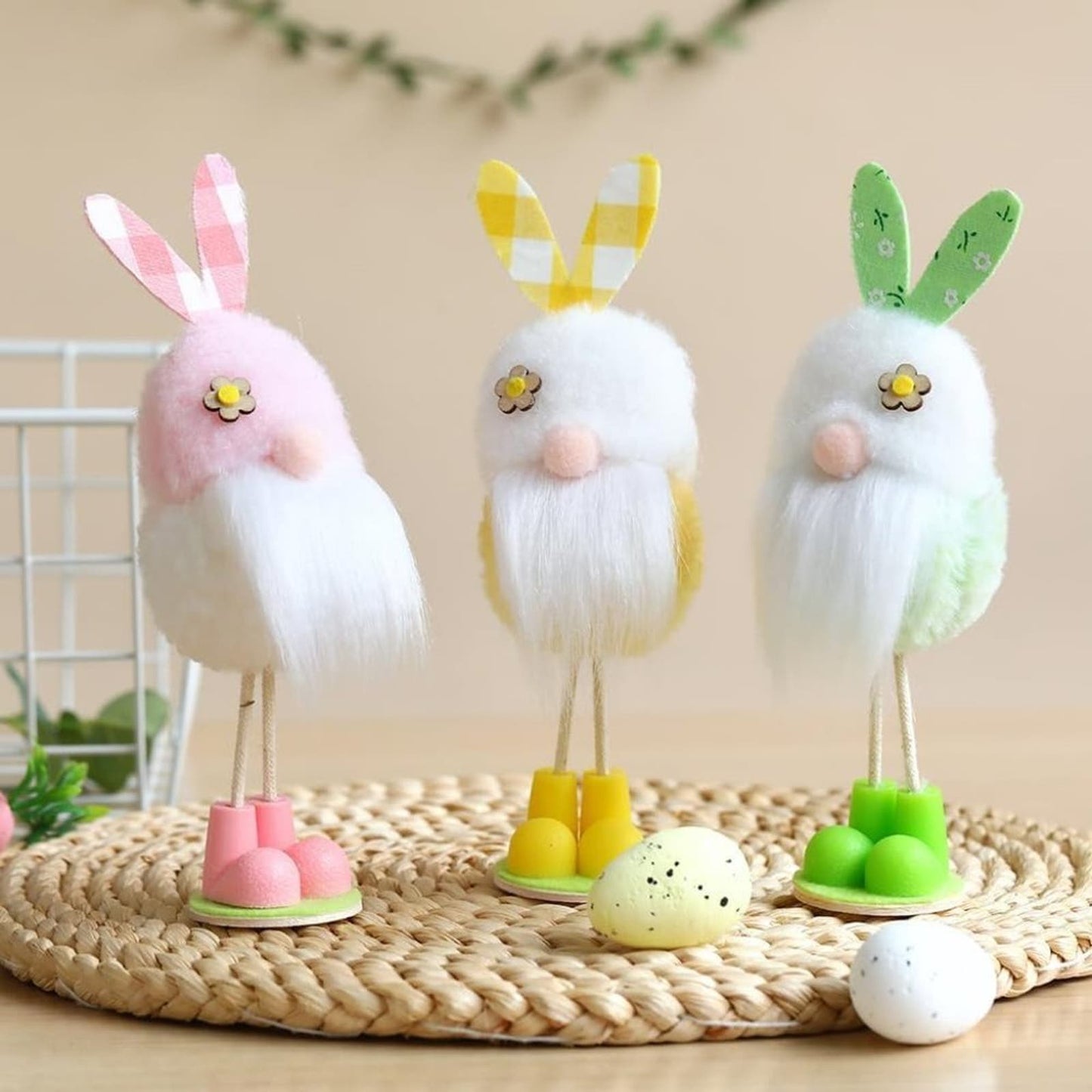 Easter Decorations Standing Gnomes with Bunny Ears Ornaments 3Pcs Colorful Plush
