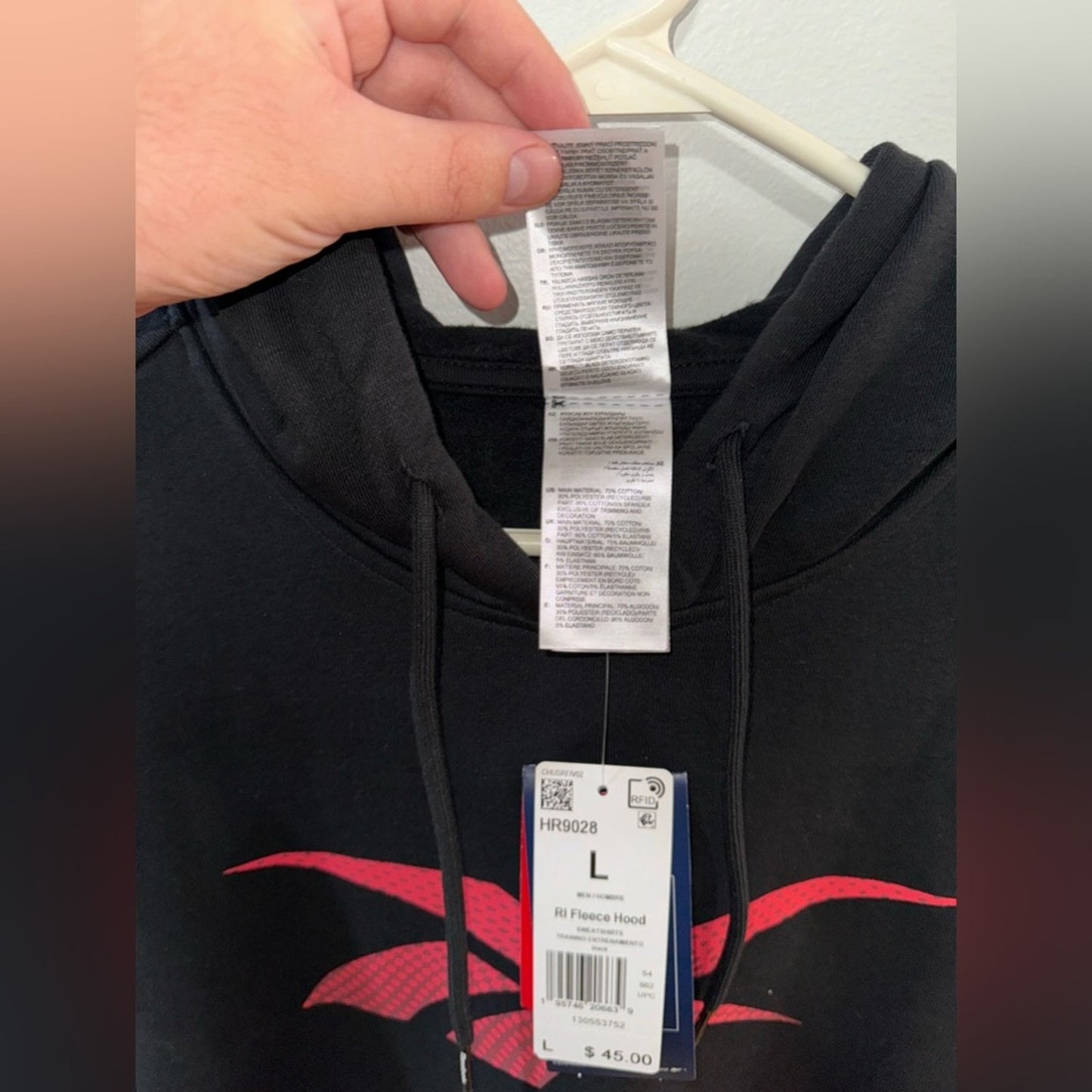 NWT LG Reebok Black with Red Graphic Logo Fleece Pullover Hoodie