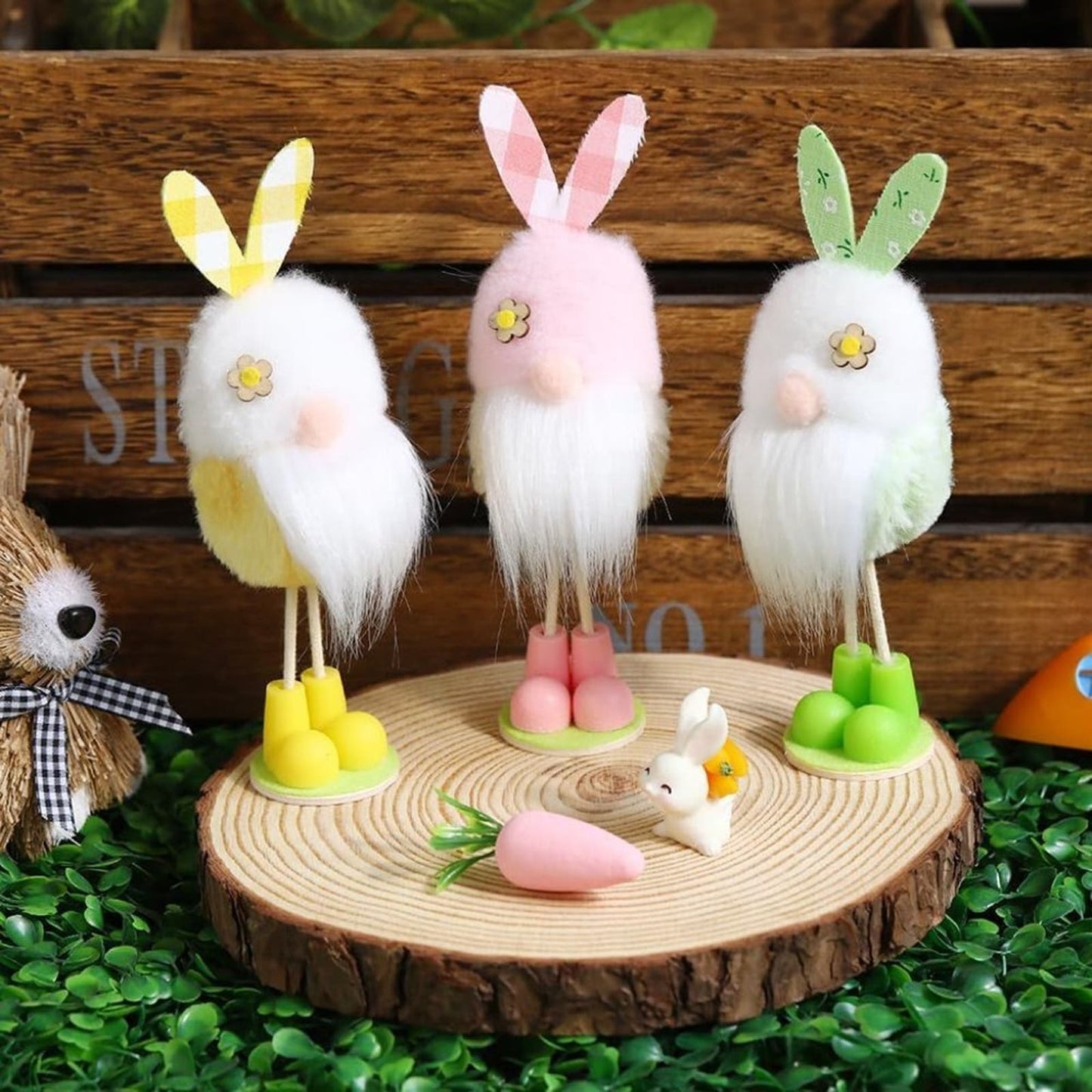Easter Decorations Standing Gnomes with Bunny Ears Ornaments 3Pcs Colorful Plush