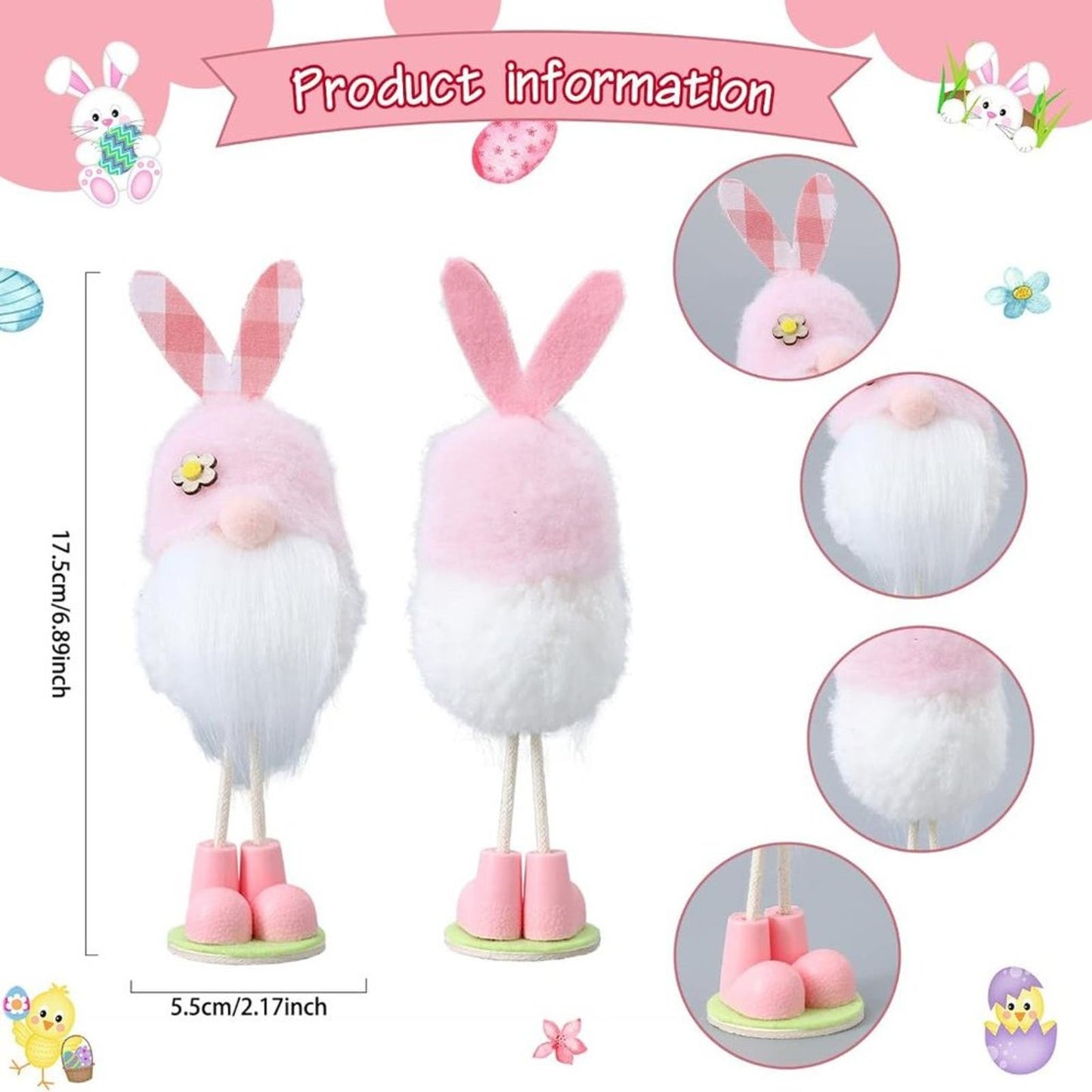 Easter Decorations Standing Gnomes with Bunny Ears Ornaments 3Pcs Colorful Plush