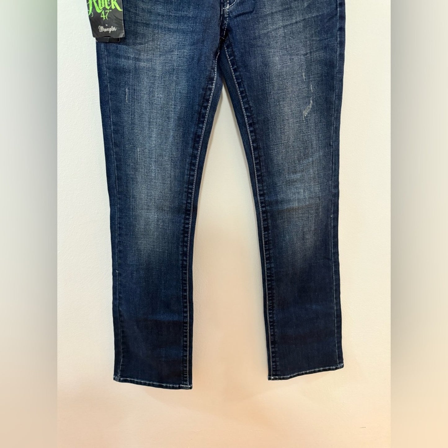 W26xL34 Rock 47 by Wrangler Ultra High Rise Distressed Rhinestone Bootcut Jeans
