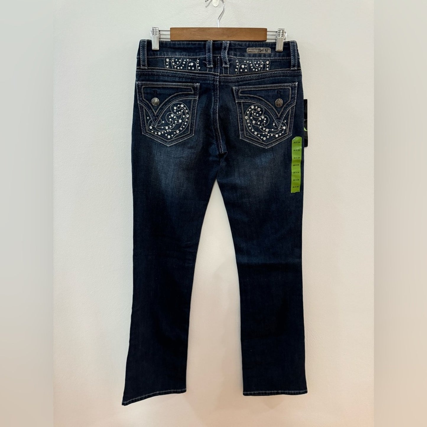 W26xL34 Rock 47 by Wrangler Ultra High Rise Distressed Rhinestone Bootcut Jeans