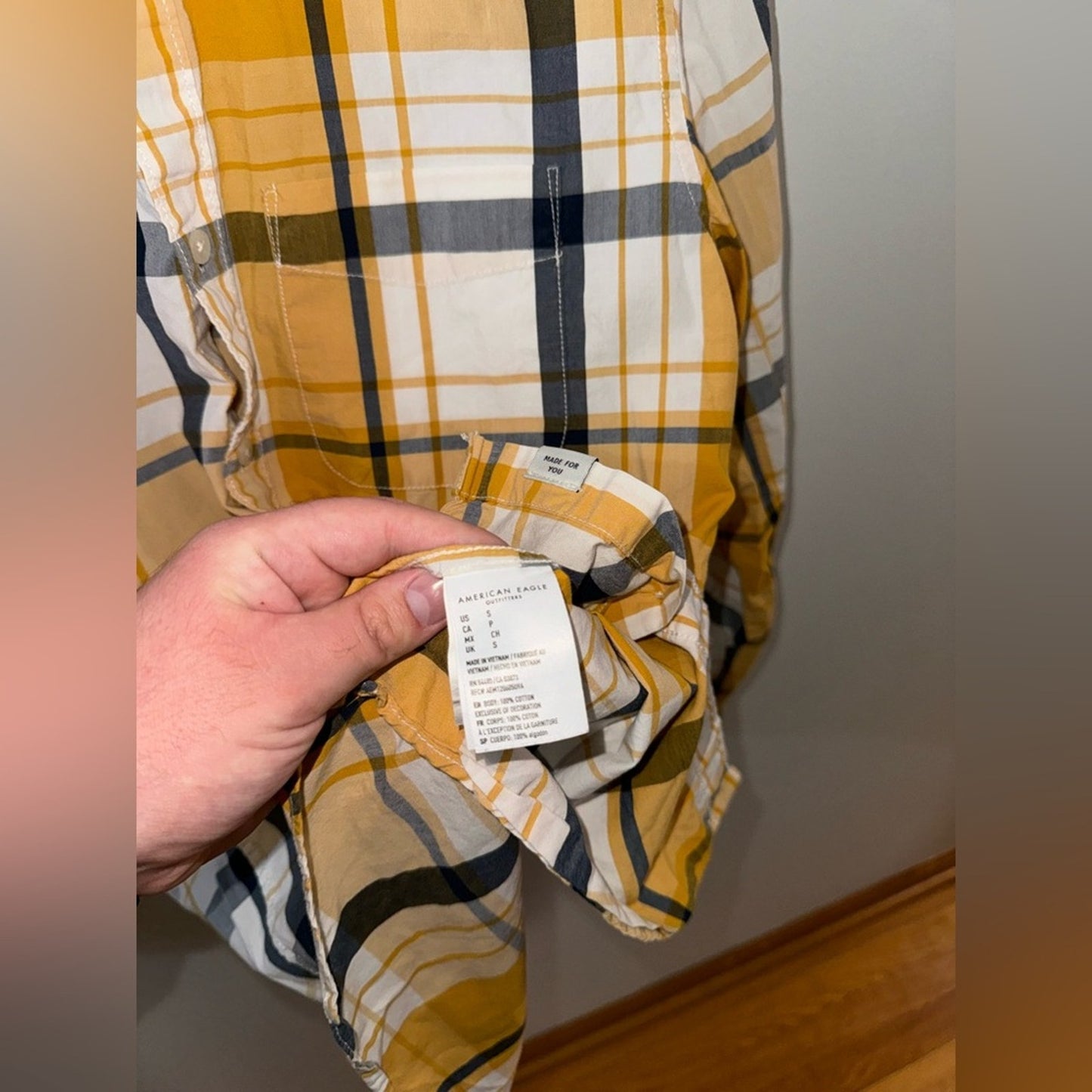 Pre-Owned SM American Eagle Yellow Blue and White Button Up Long Sleeve Shirt