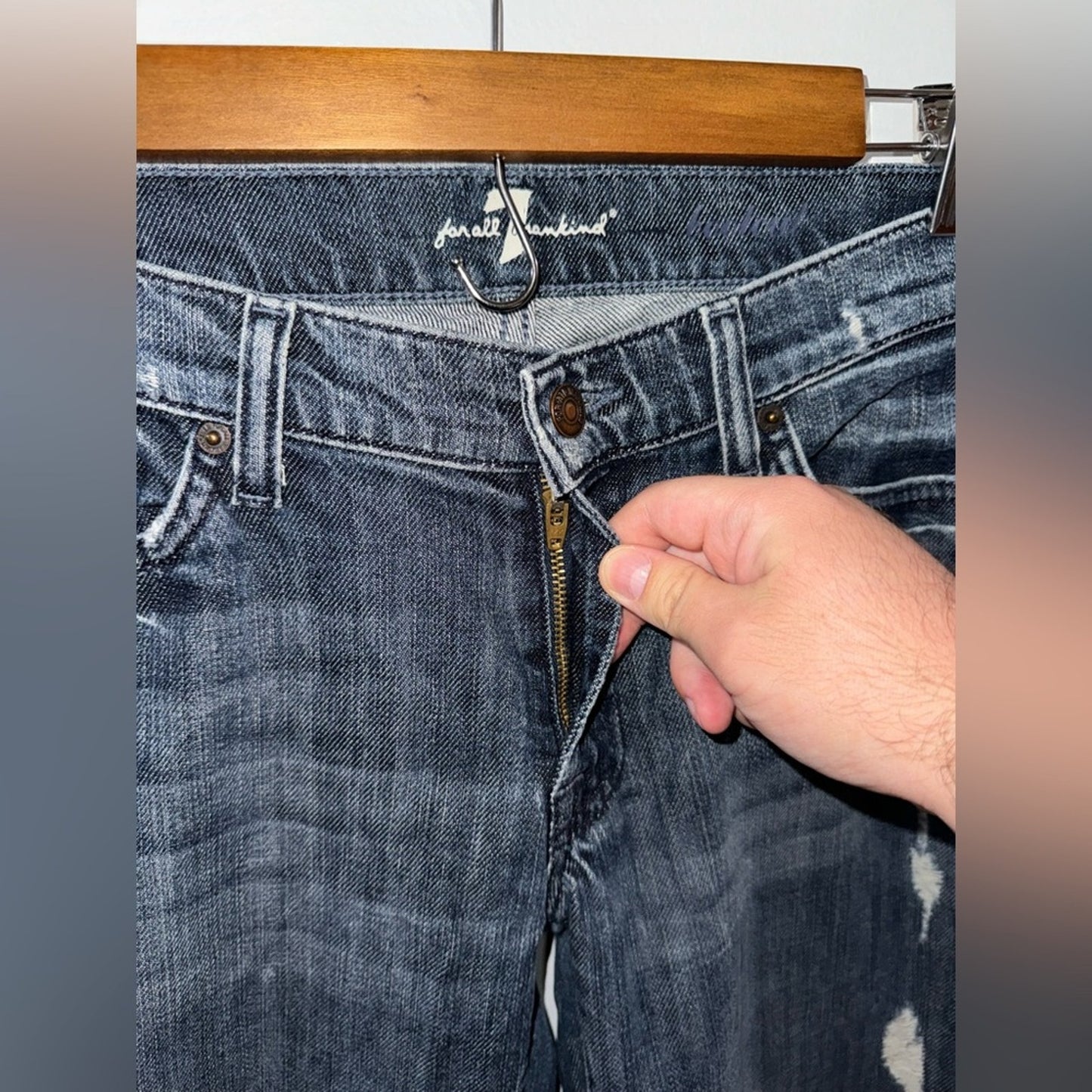 Pre-Owned W31xL34 7 for all Mankind Blue Distressed Bootcut Jeans