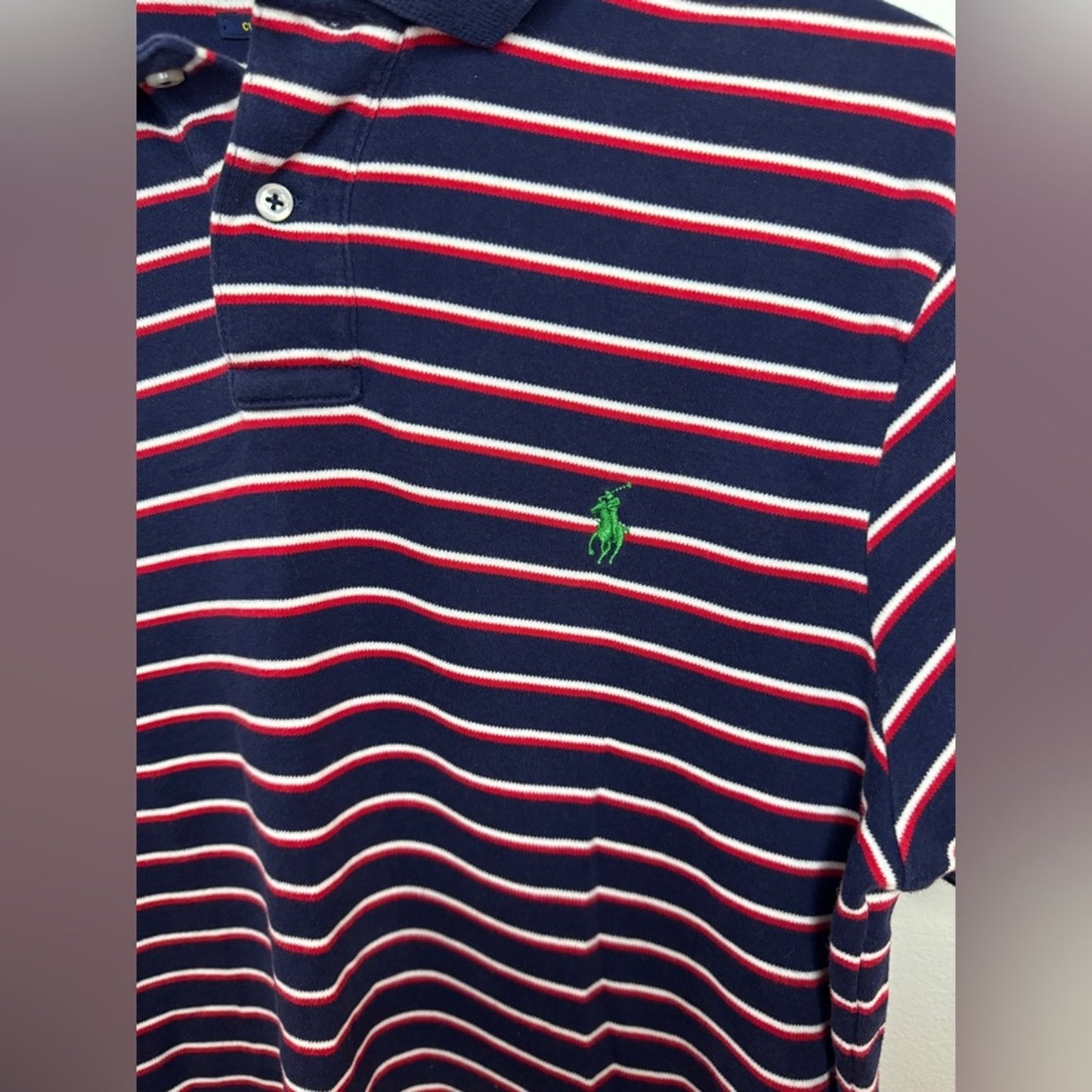 Pre-Owned MD Polo Ralph Lauren Navy Blue Striped Custom Fit Polo Shirt