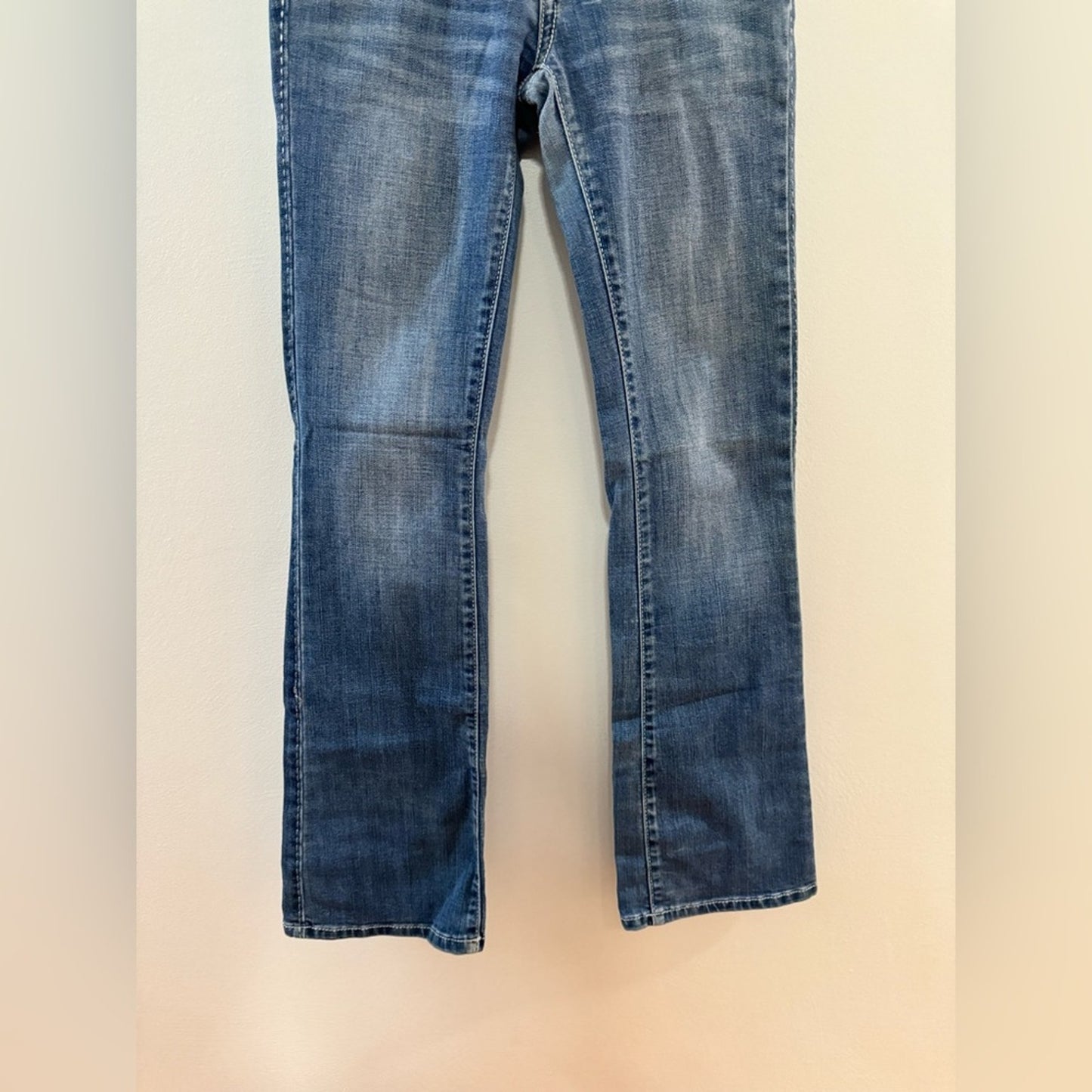W24xL32 Rock 47 by Wrangler Blue Low Rise Rhinestone Embellished Boot Cut Jeans