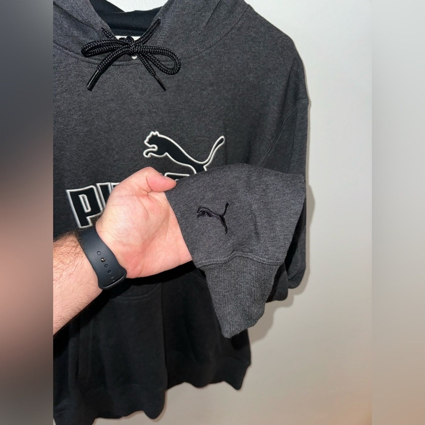 NWT LG Puma Dark Grey Heather and Black Logo Drycell Hoodie