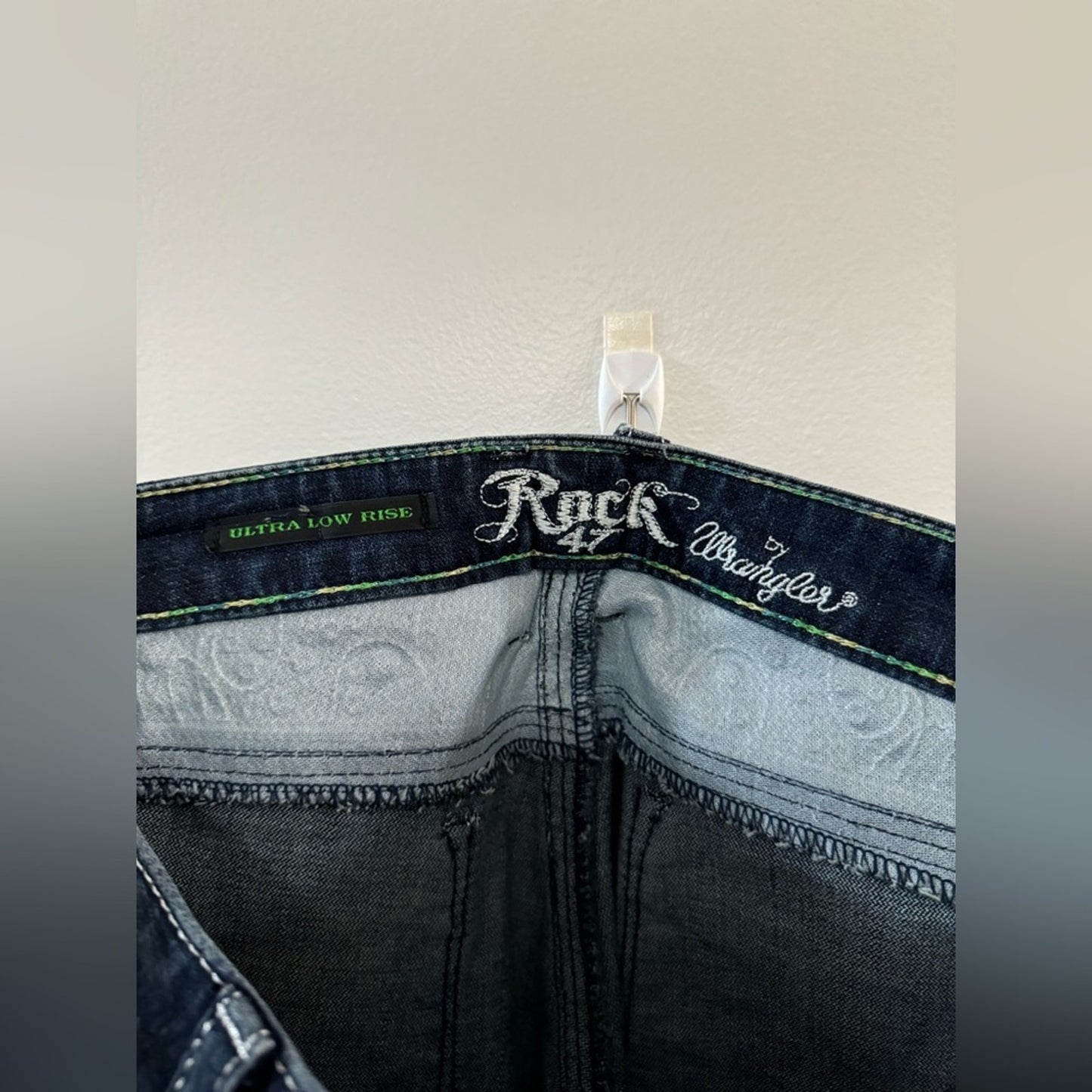 W26xL34 Rock 47 by Wrangler Ultra High Rise Distressed Rhinestone Bootcut Jeans