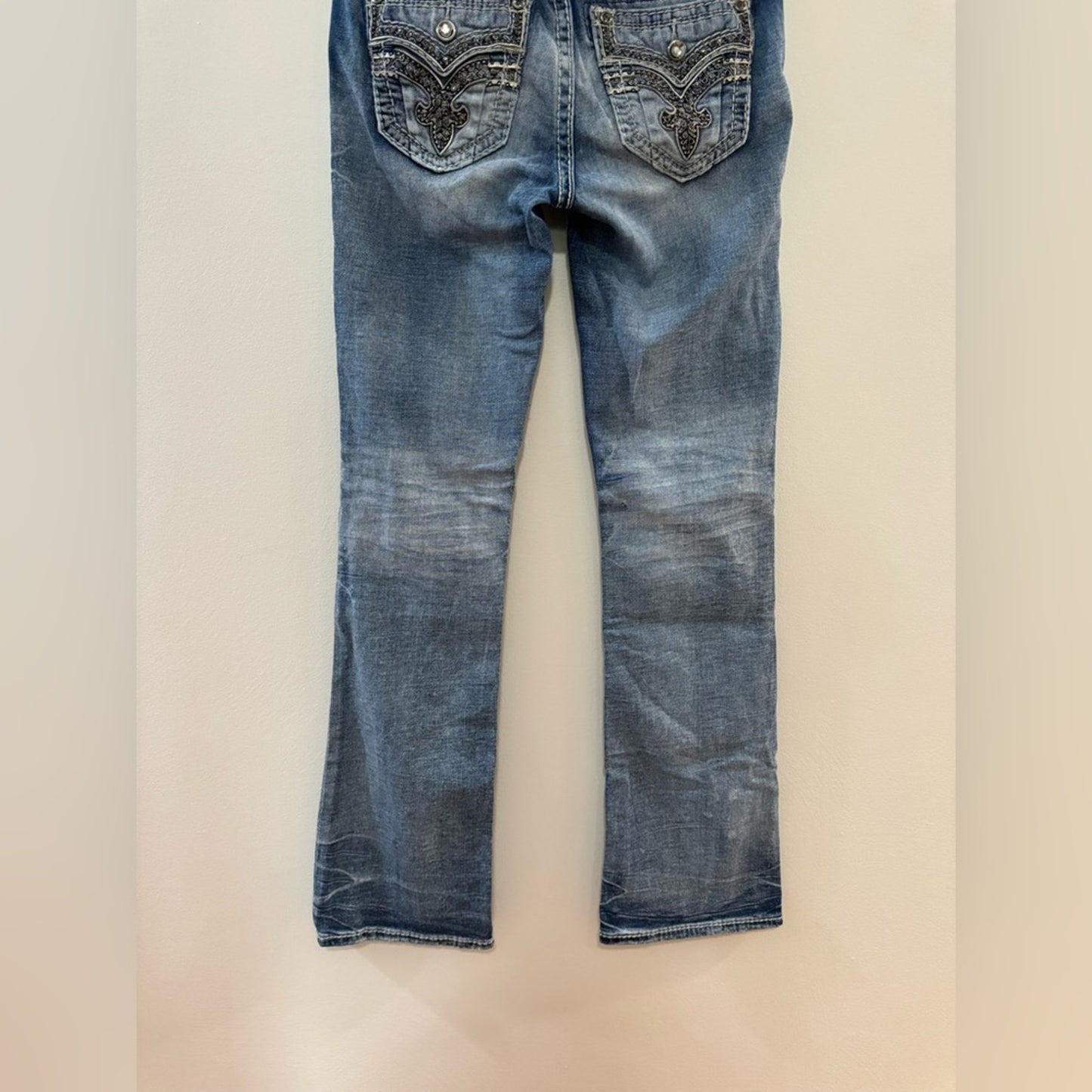 W28xL33 Rock Revival Blue Yanka Mid Rise Boot Rhinestone Embellished Jeans