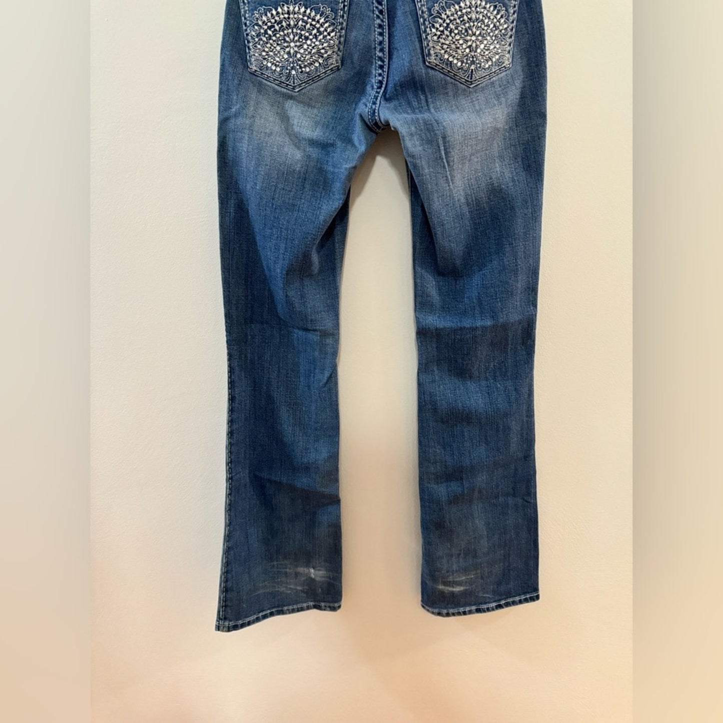 W24xL32 Rock 47 by Wrangler Blue Low Rise Rhinestone Embellished Boot Cut Jeans