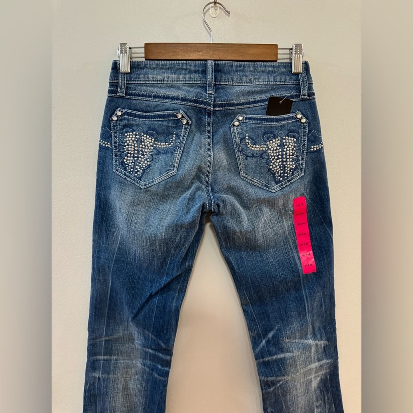 NWT W25xL36 Rock 47 by Wrangler Light Blue Low Rise Embellished Boot Cut Jeans