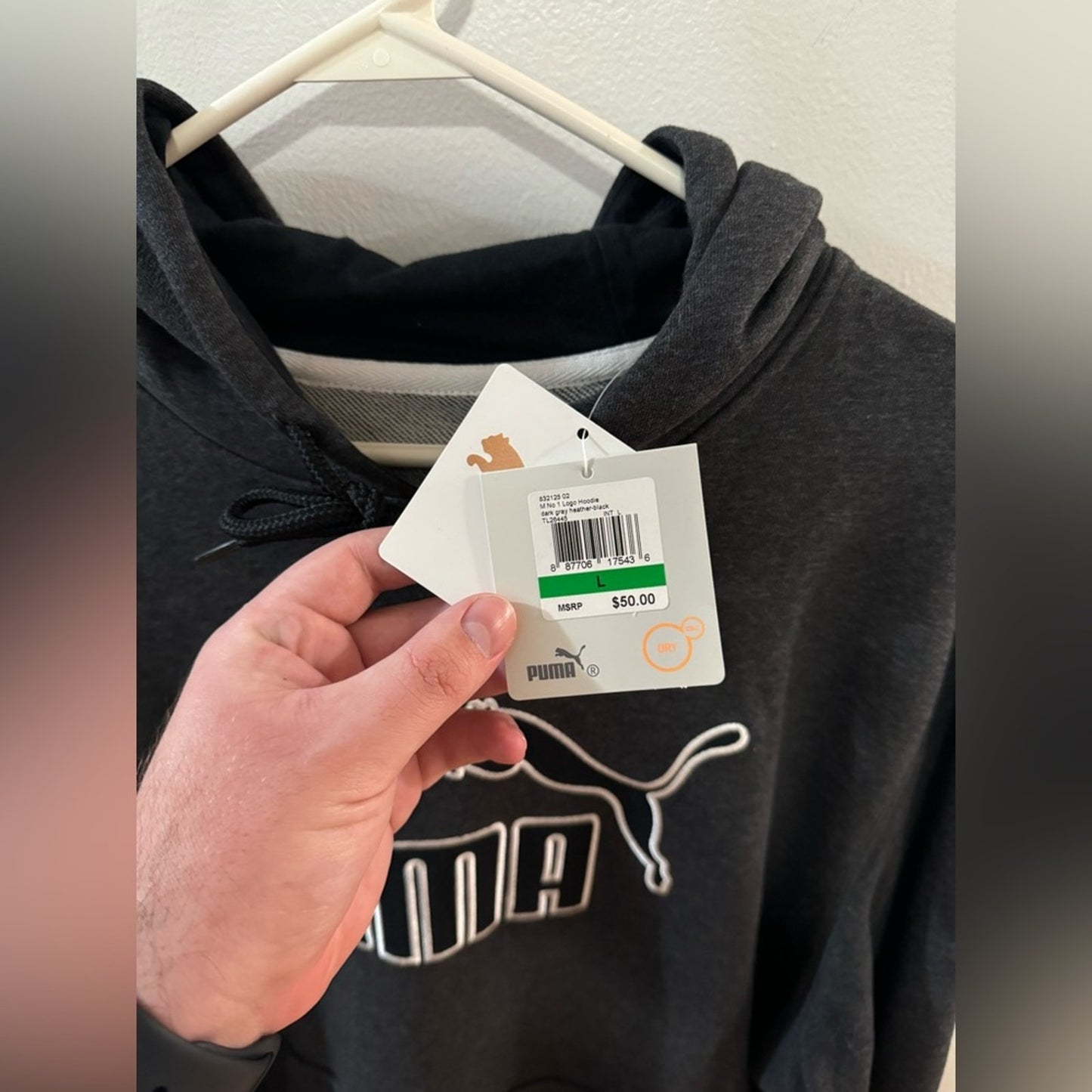 NWT LG Puma Dark Grey Heather and Black Logo Drycell Hoodie