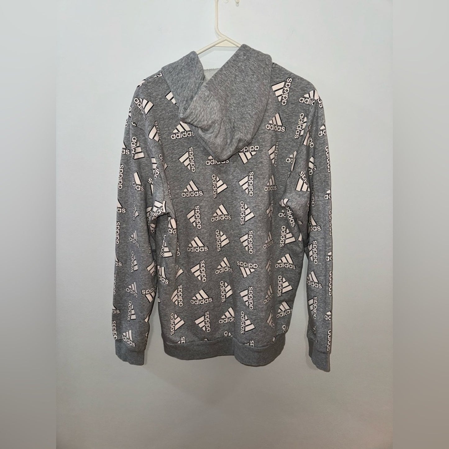 Pre-Owned LG Adidas Heather Grey With White Allover Logo Graphic Pullover Hoodie
