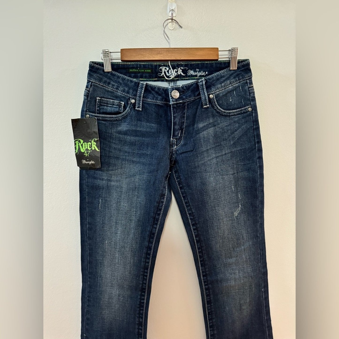 W26xL34 Rock 47 by Wrangler Ultra High Rise Distressed Rhinestone Bootcut Jeans