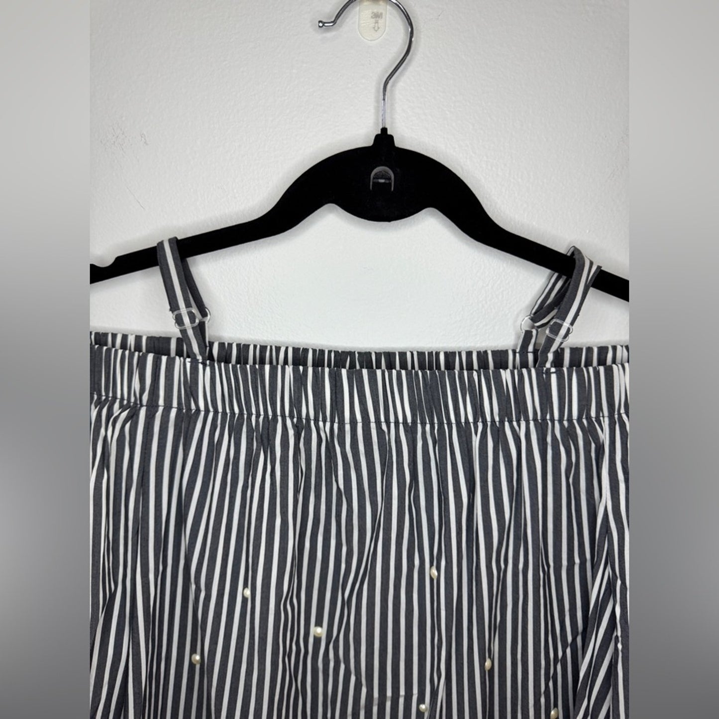 NWT MD A. Byers Navy Blue and White Off the Shoulder Pearl top.