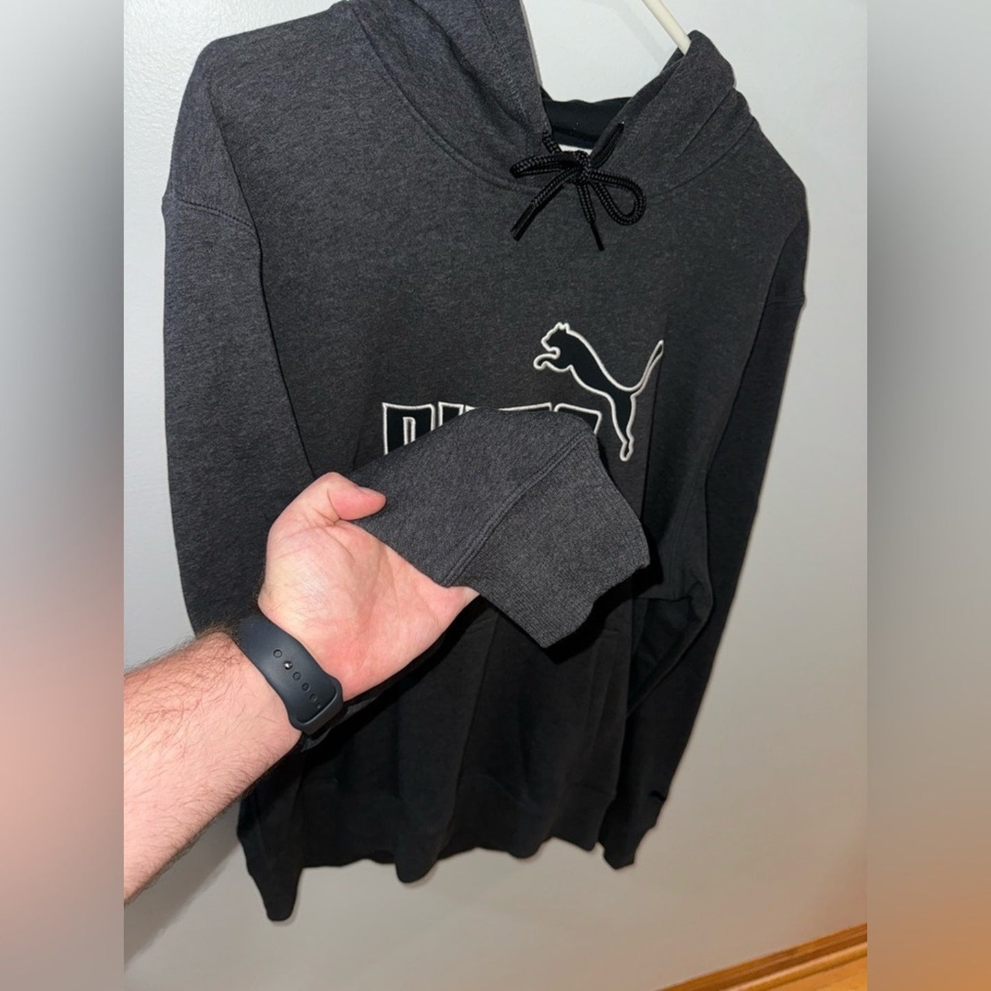 NWT LG Puma Dark Grey Heather and Black Logo Drycell Hoodie