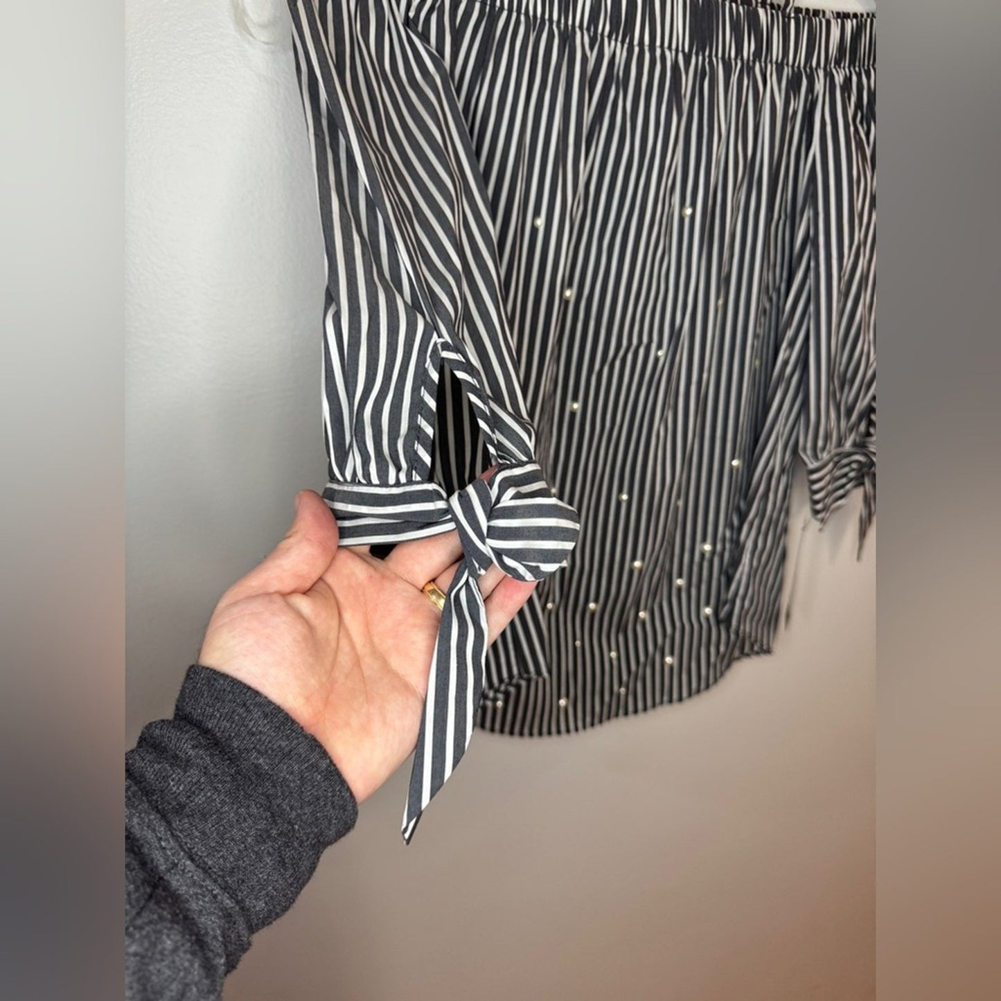 NWT MD A. Byers Navy Blue and White Off the Shoulder Pearl top.