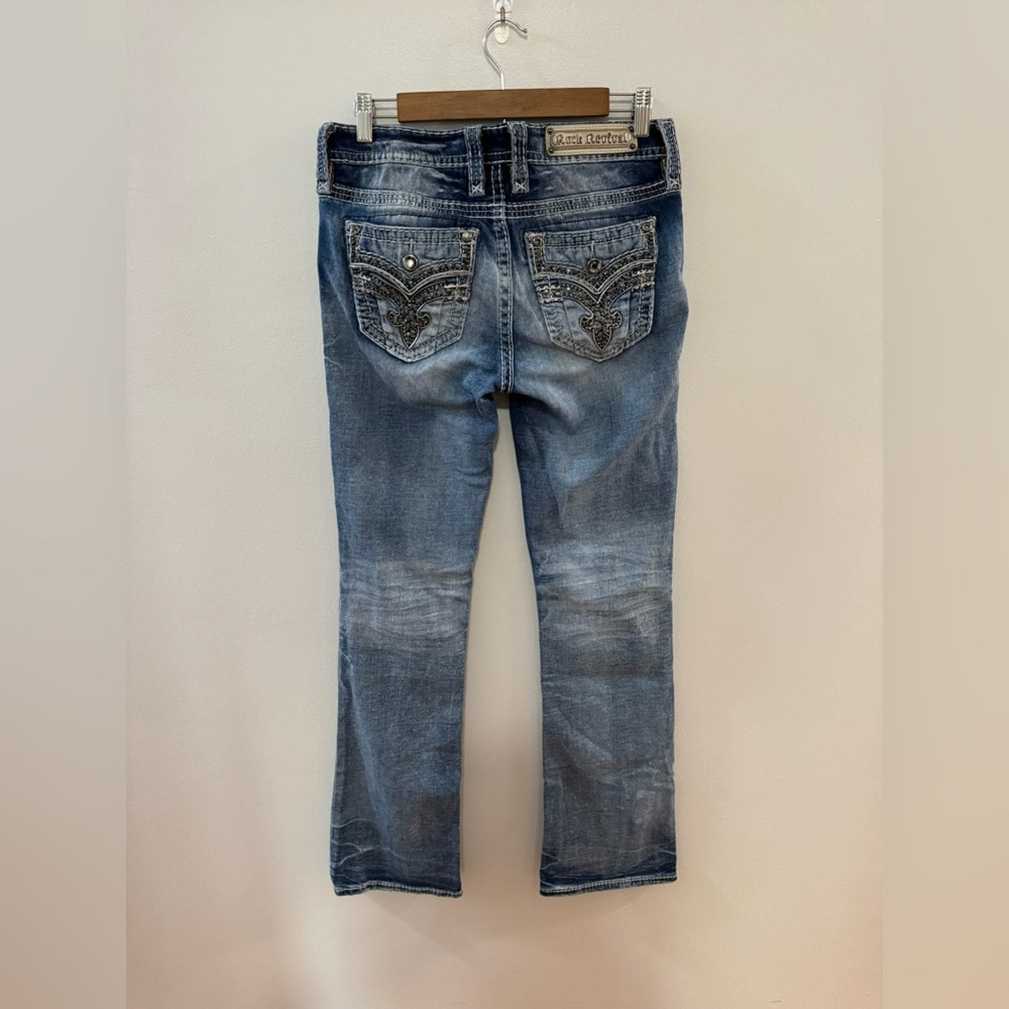 W28xL33 Rock Revival Blue Yanka Mid Rise Boot Rhinestone Embellished Jeans