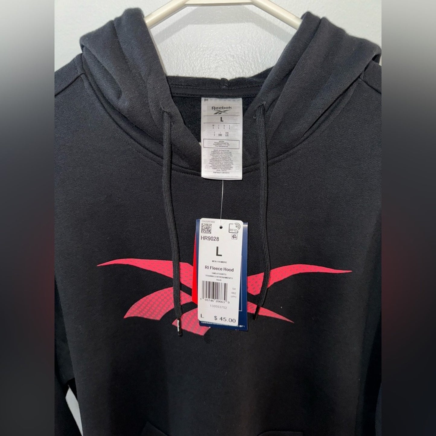 NWT LG Reebok Black with Red Graphic Logo Fleece Pullover Hoodie