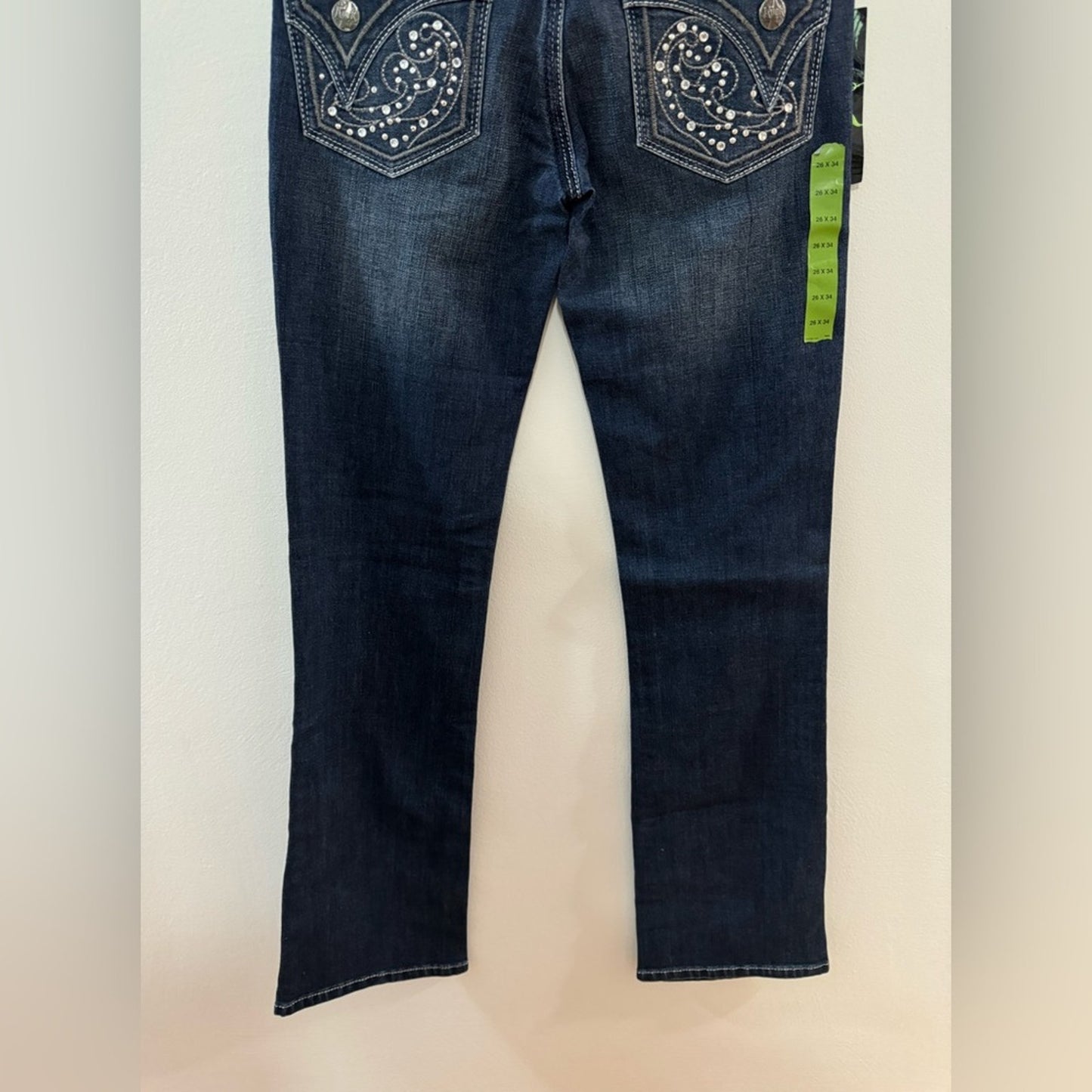 W26xL34 Rock 47 by Wrangler Ultra High Rise Distressed Rhinestone Bootcut Jeans