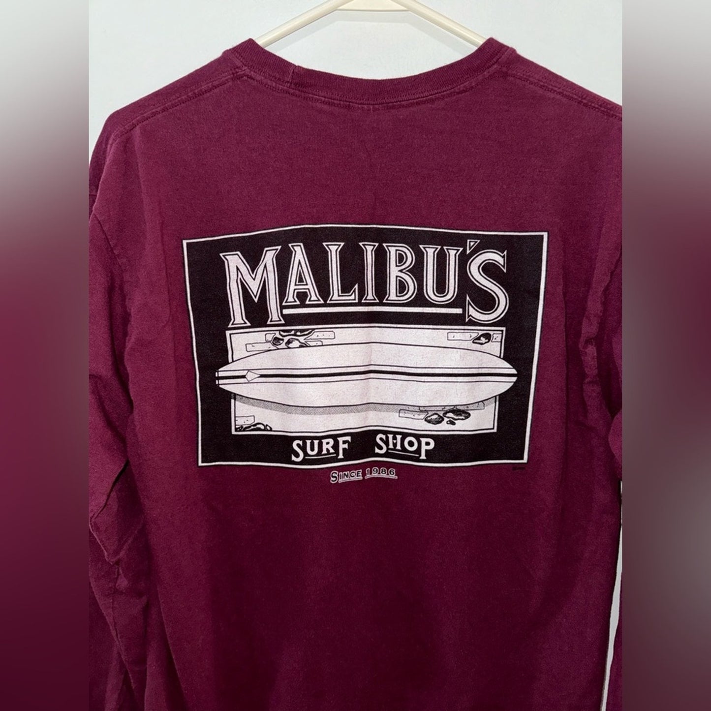 MD Unisex Malibu’s Surf Shop Maroon Surfboard Graphic Long Sleeve Shirt