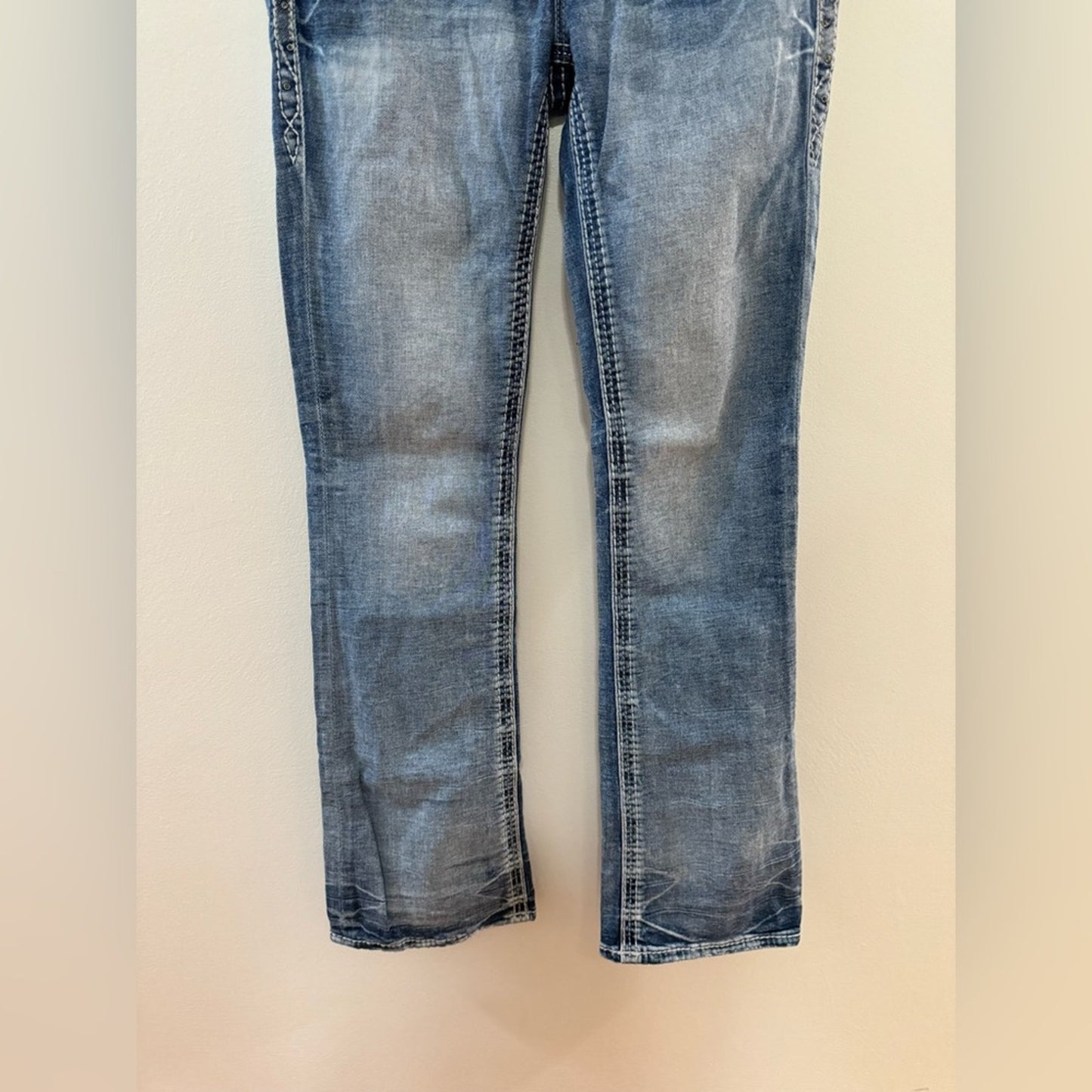 W28xL33 Rock Revival Blue Yanka Mid Rise Boot Rhinestone Embellished Jeans