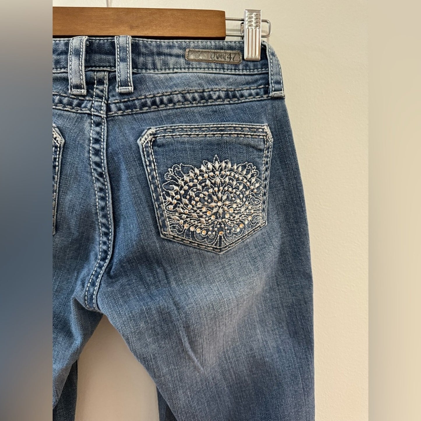 W24xL32 Rock 47 by Wrangler Blue Low Rise Rhinestone Embellished Boot Cut Jeans