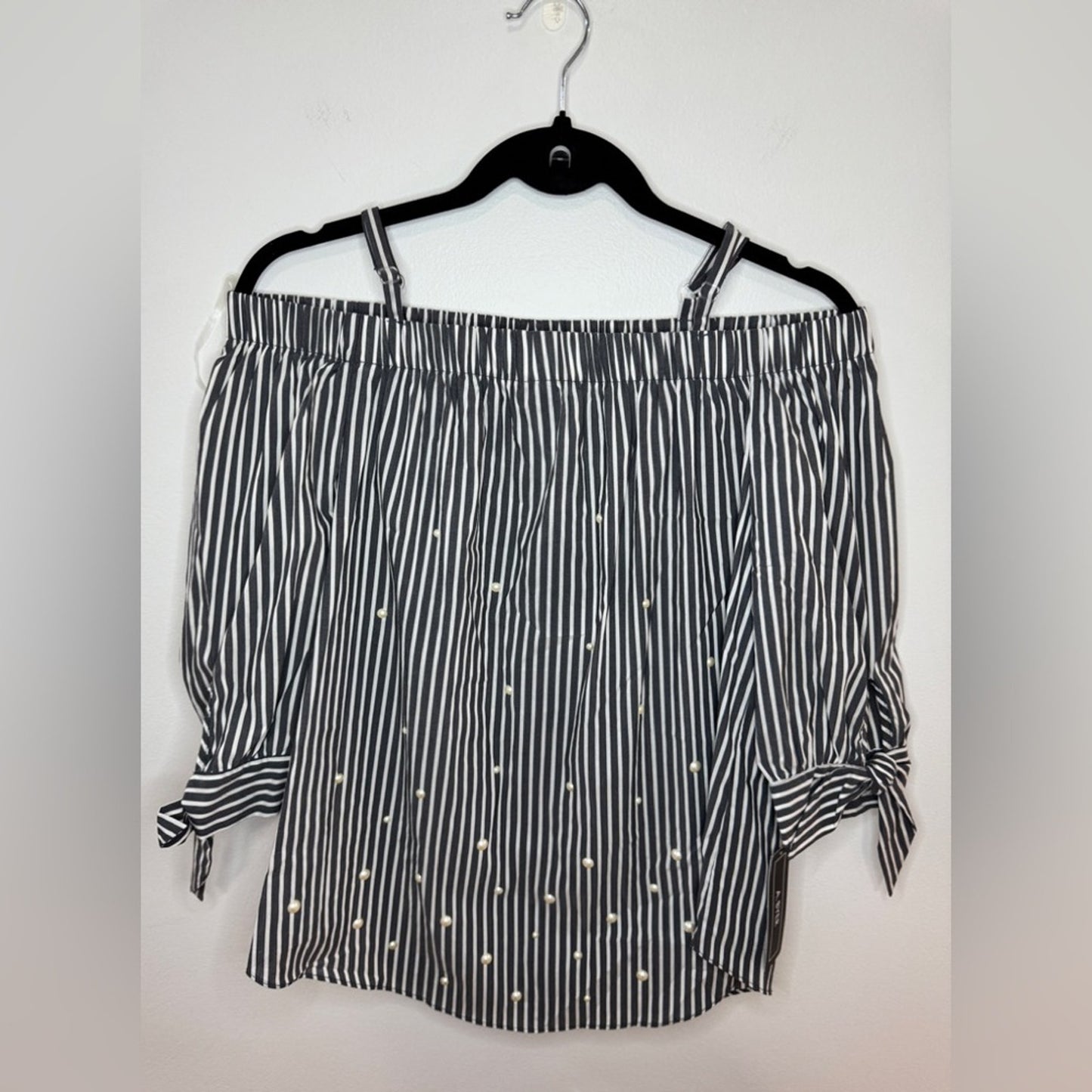 NWT MD A. Byers Navy Blue and White Off the Shoulder Pearl top.
