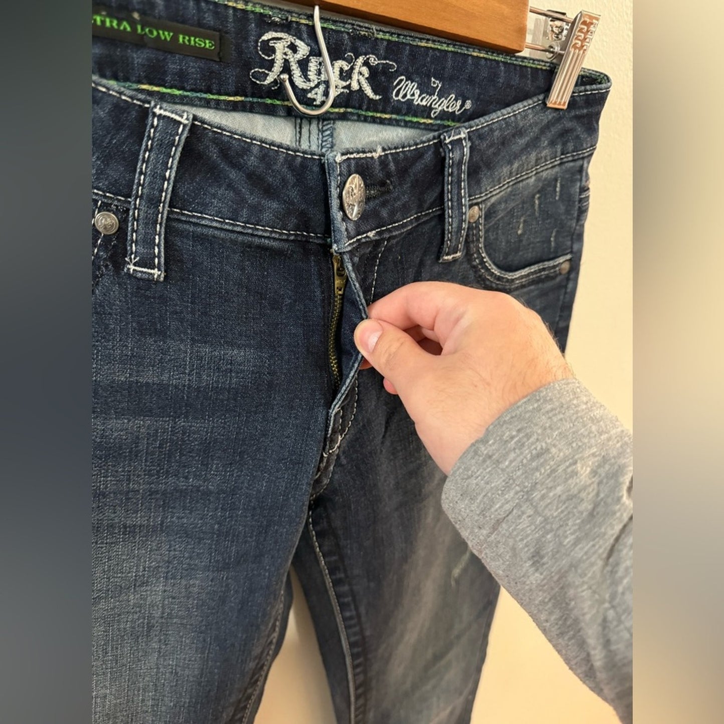 W26xL34 Rock 47 by Wrangler Ultra High Rise Distressed Rhinestone Bootcut Jeans