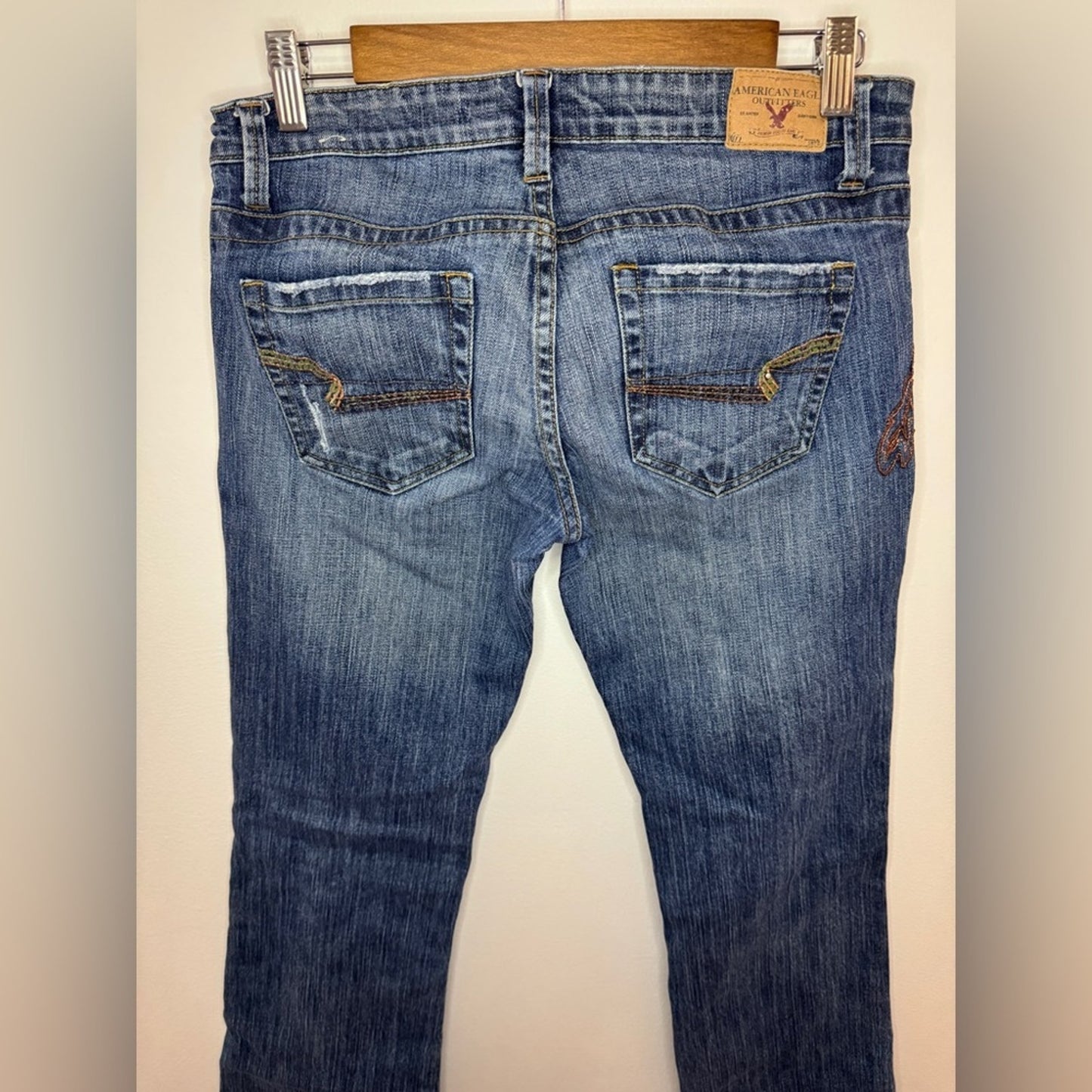 Size 6 Regular American Eagle Blue Distressed Embellished Stretch Boot Jeans
