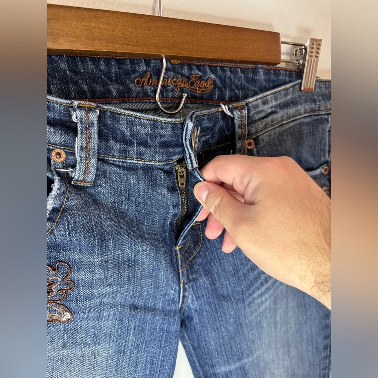 Size 6 Regular American Eagle Blue Distressed Embellished Stretch Boot Jeans