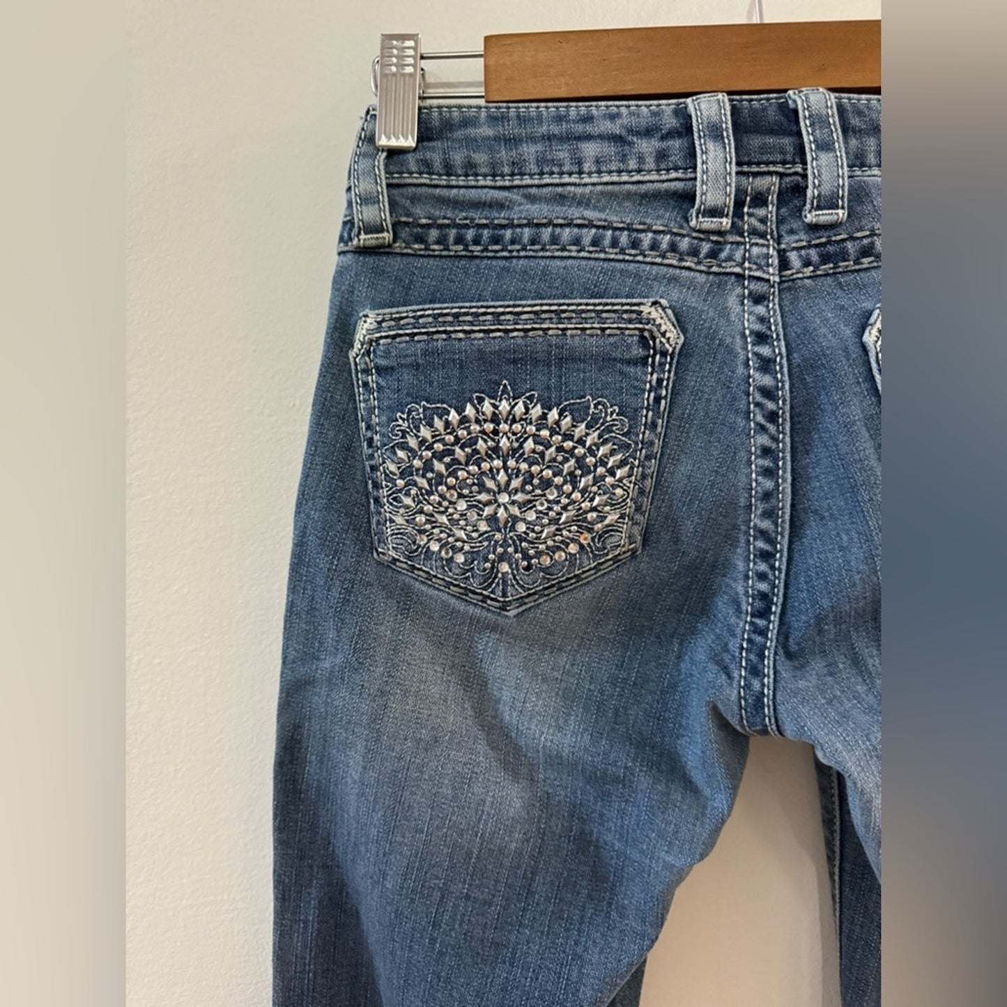 W24xL32 Rock 47 by Wrangler Blue Low Rise Rhinestone Embellished Boot Cut Jeans