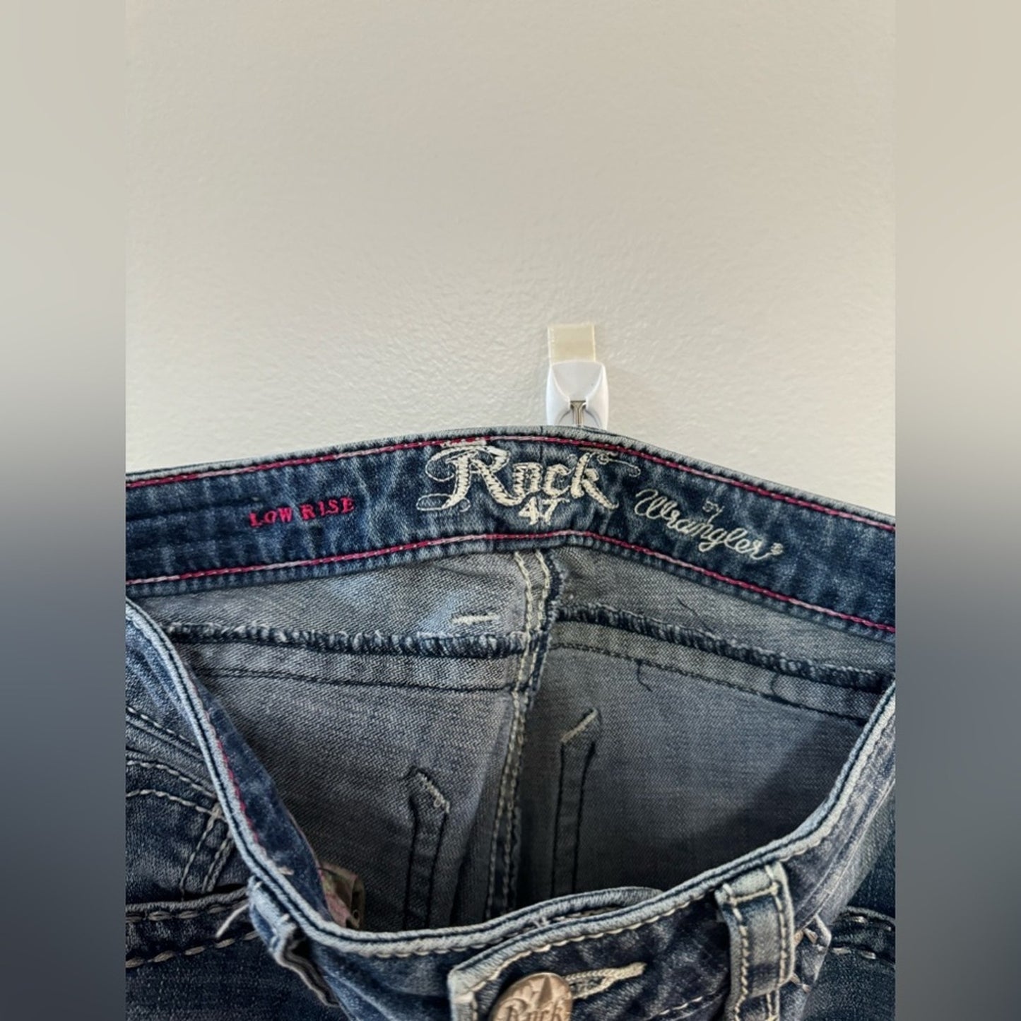 W24xL32 Rock 47 by Wrangler Blue Low Rise Rhinestone Embellished Boot Cut Jeans