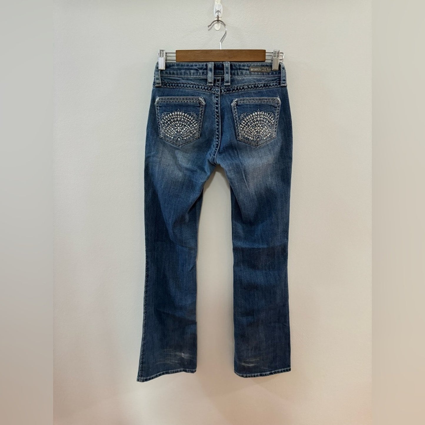 W24xL32 Rock 47 by Wrangler Blue Low Rise Rhinestone Embellished Boot Cut Jeans