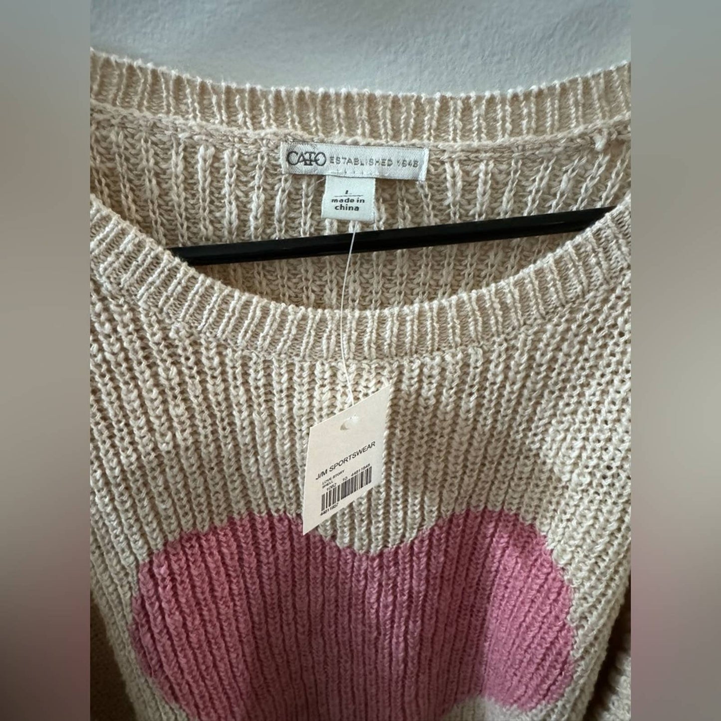 NWT LG CATO Heart Distressed Sweater