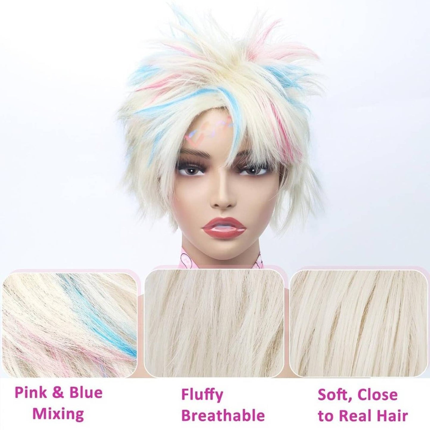 Short Blonde Wigs for Women Highlight Pink & Blue Wigs with Bandana and Glasses