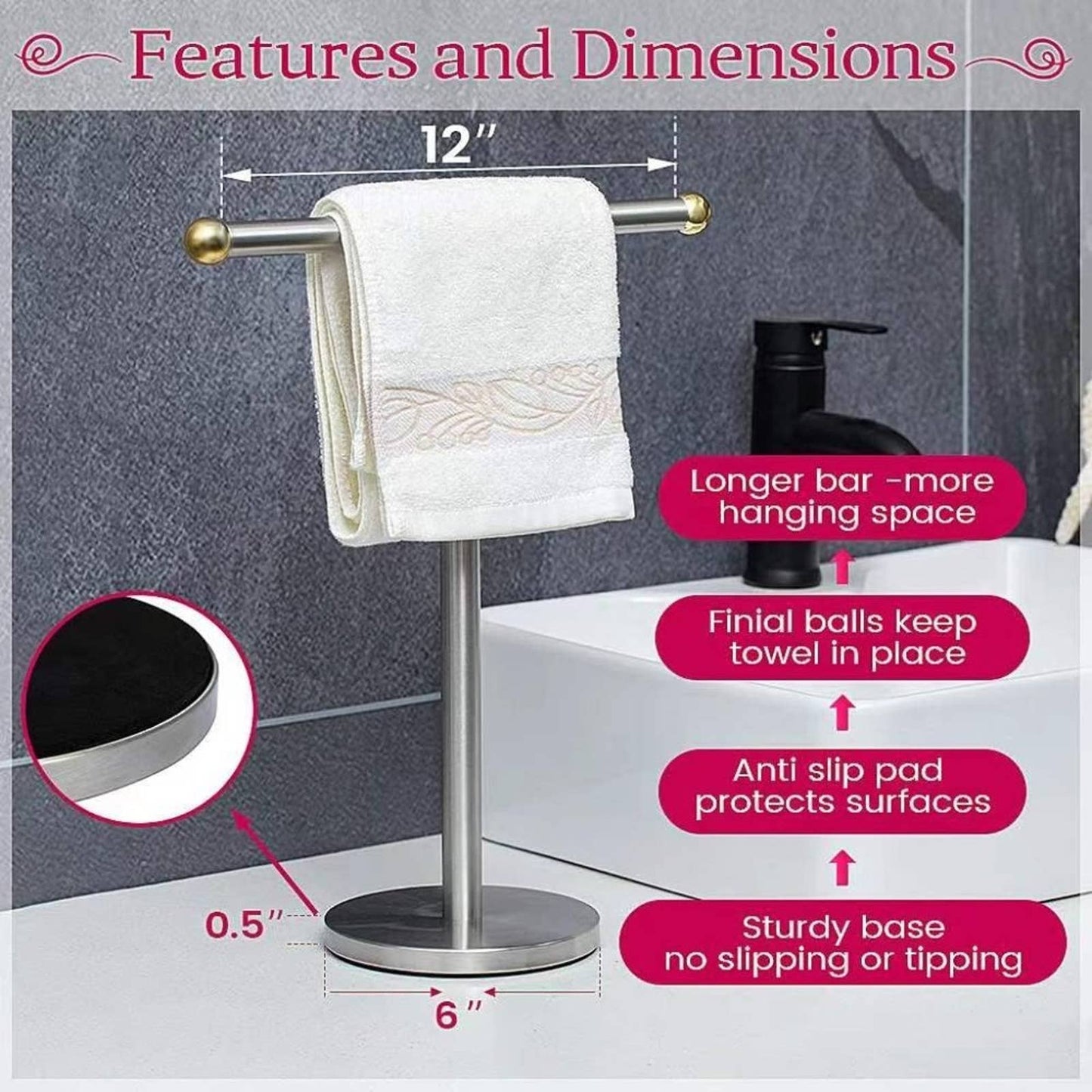 Hand Towel Stand for Bathroom Counter - Extendable 11.5-19.5” Anti-Rust Counter