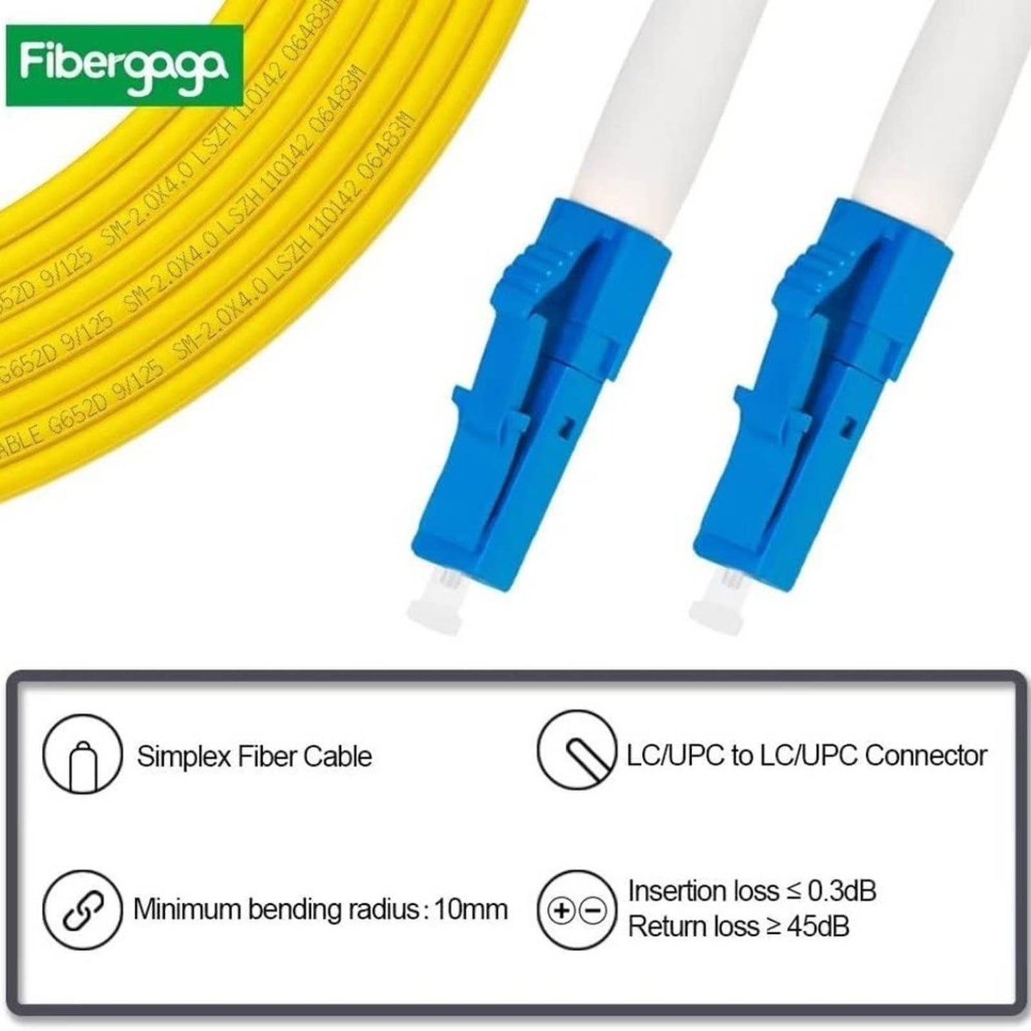 Fibergaga-2m(7ft) OS2 LC/UPC to LC/UPC Fiber Patch Cable, Simplex Single