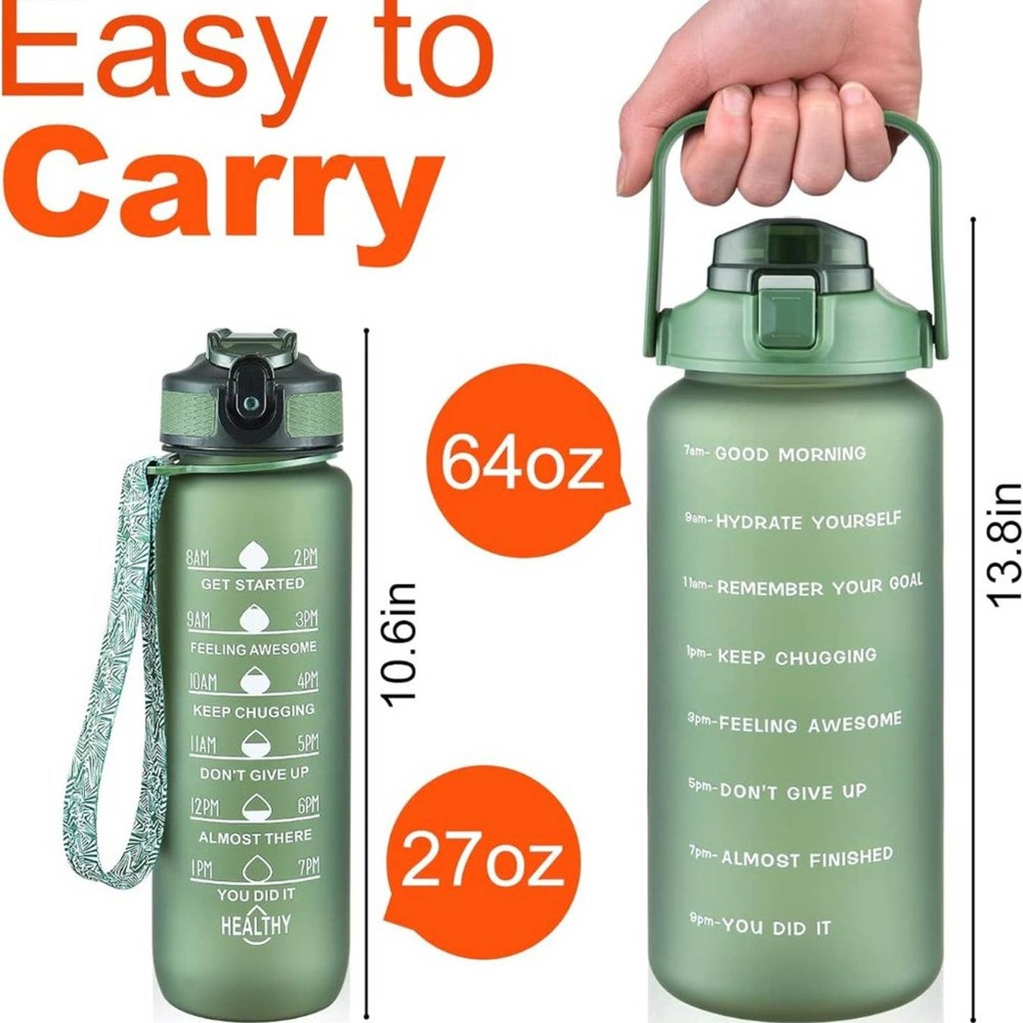 Bstge 2 Pack Motivational Water Bottle, 27 oz & 64 oz Water Bottle